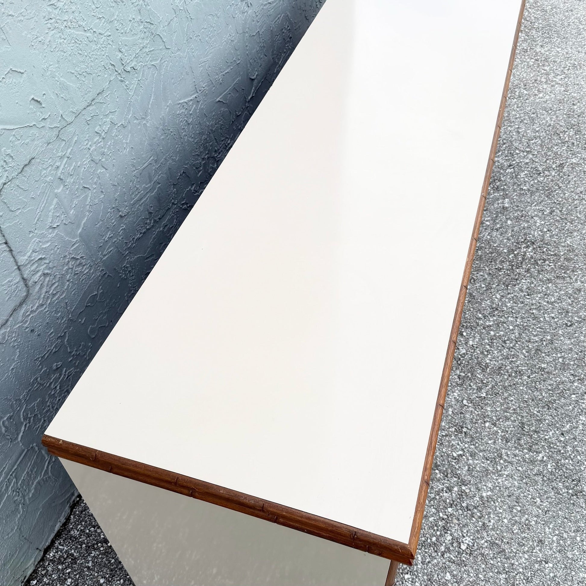 Boho Chic Cream Gloss Laminate Cane and Faux Bamboo Dresser Dolphin & Flamingo