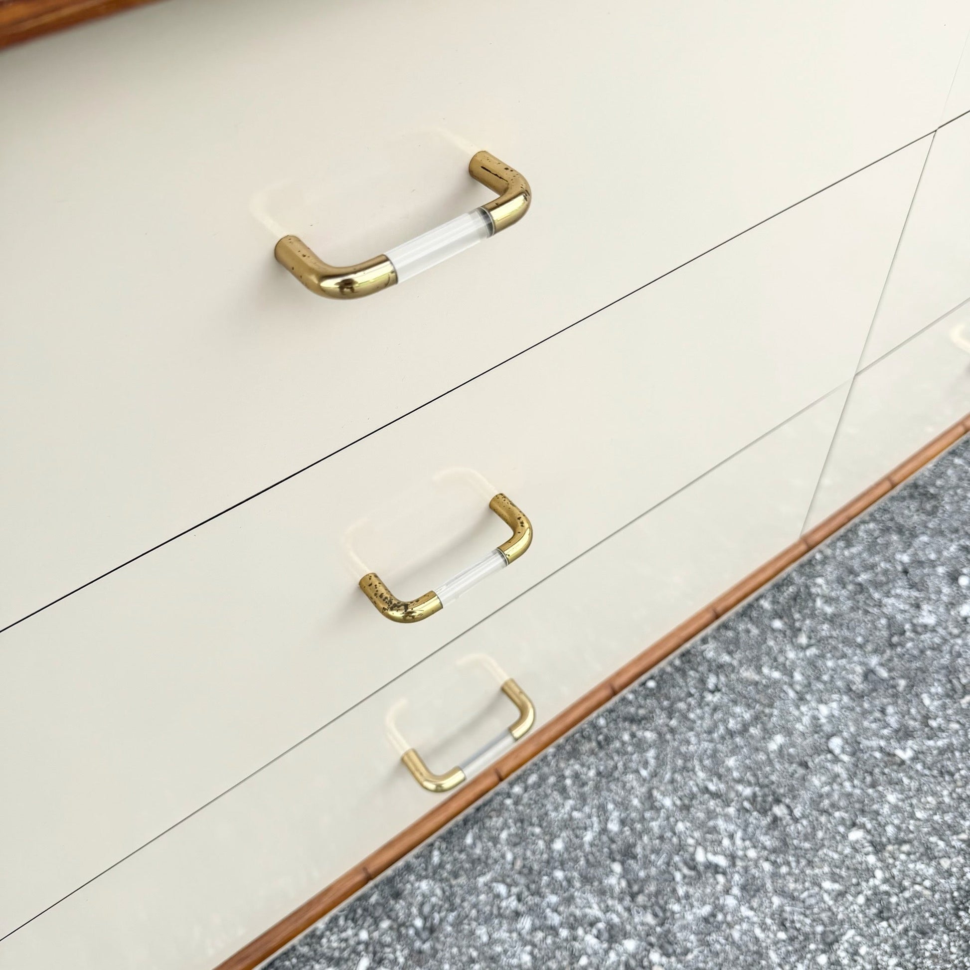 Boho Chic Cream Gloss Laminate Cane and Faux Bamboo Dresser Dolphin & Flamingo