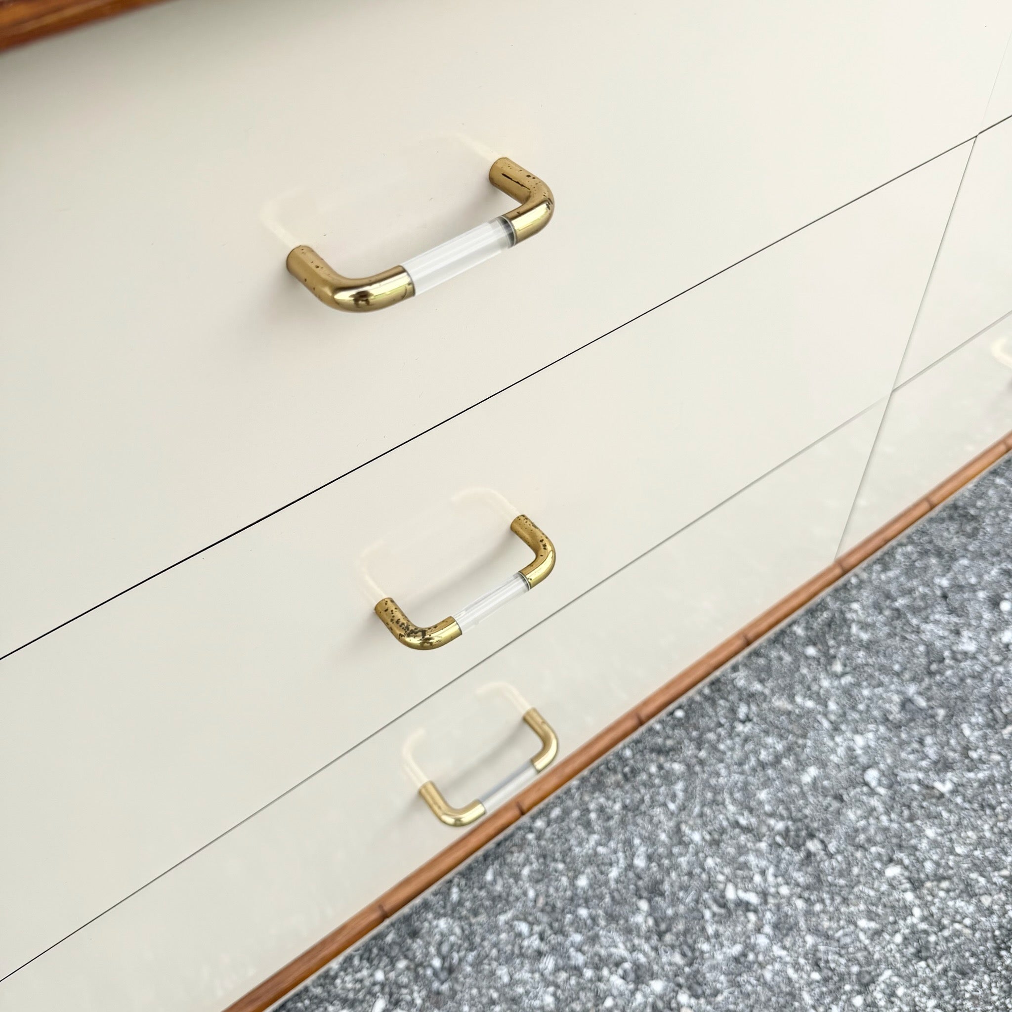 Boho Chic Cream Gloss Laminate Cane and Faux Bamboo Dresser Dolphin & Flamingo