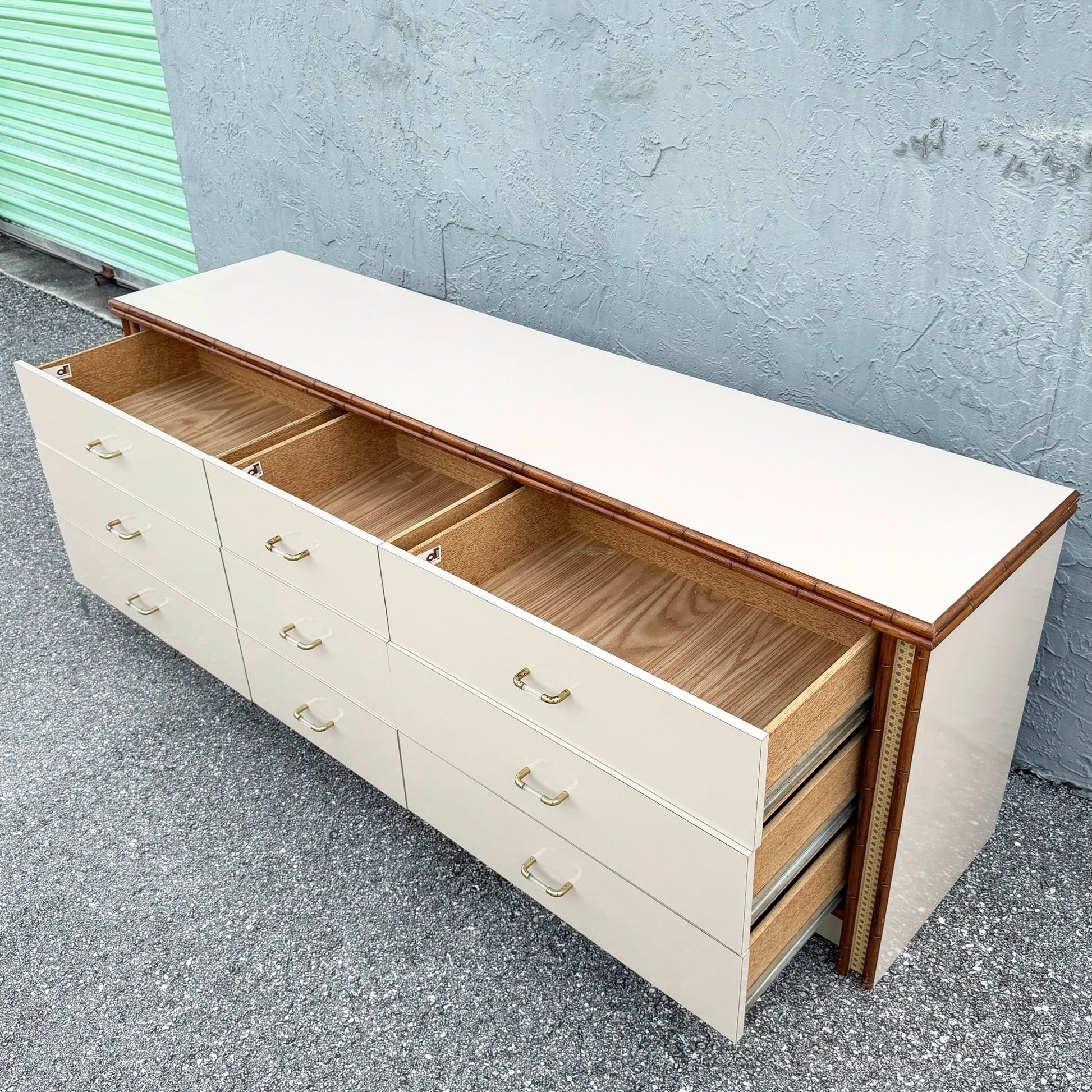 Boho Chic Cream Gloss Laminate Cane and Faux Bamboo Dresser Dolphin & Flamingo