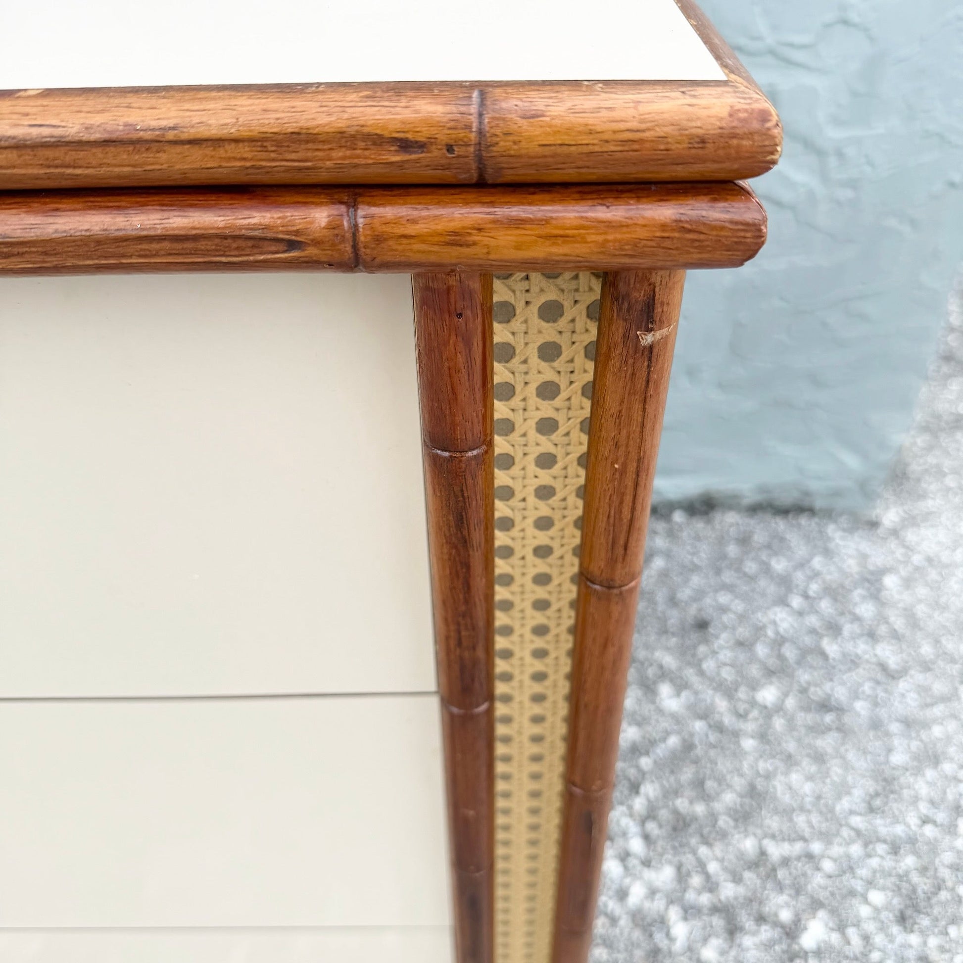Boho Chic Cream Gloss Laminate Cane and Faux Bamboo Dresser Dolphin & Flamingo