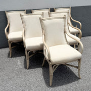Vintage Coastal Cream and Tan Rattan Dining Arm Chairs by Whitcraft - Set of 6 Dolphin & Flamingo