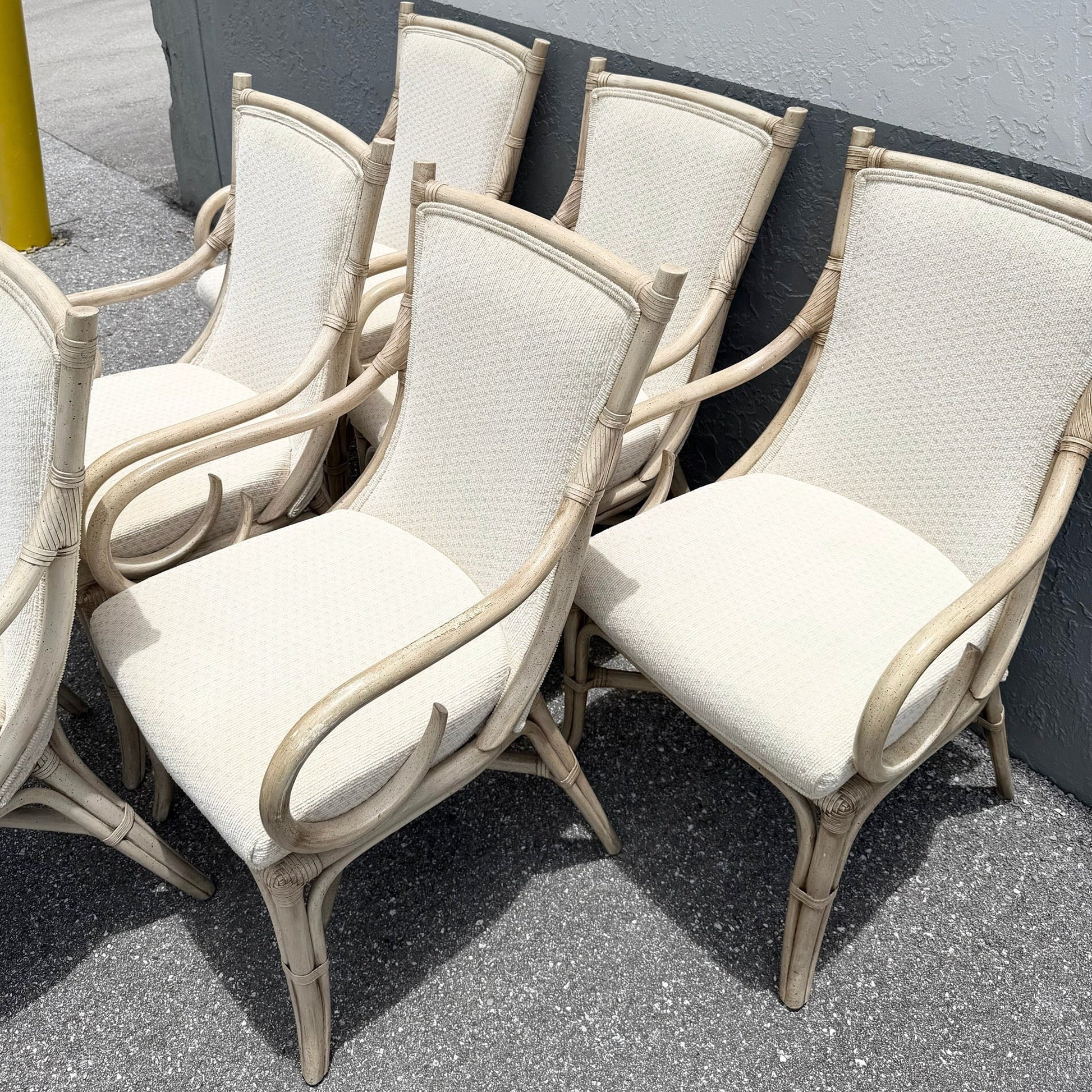 Vintage Coastal Cream and Tan Rattan Dining Arm Chairs by Whitcraft - Set of 6 Dolphin & Flamingo