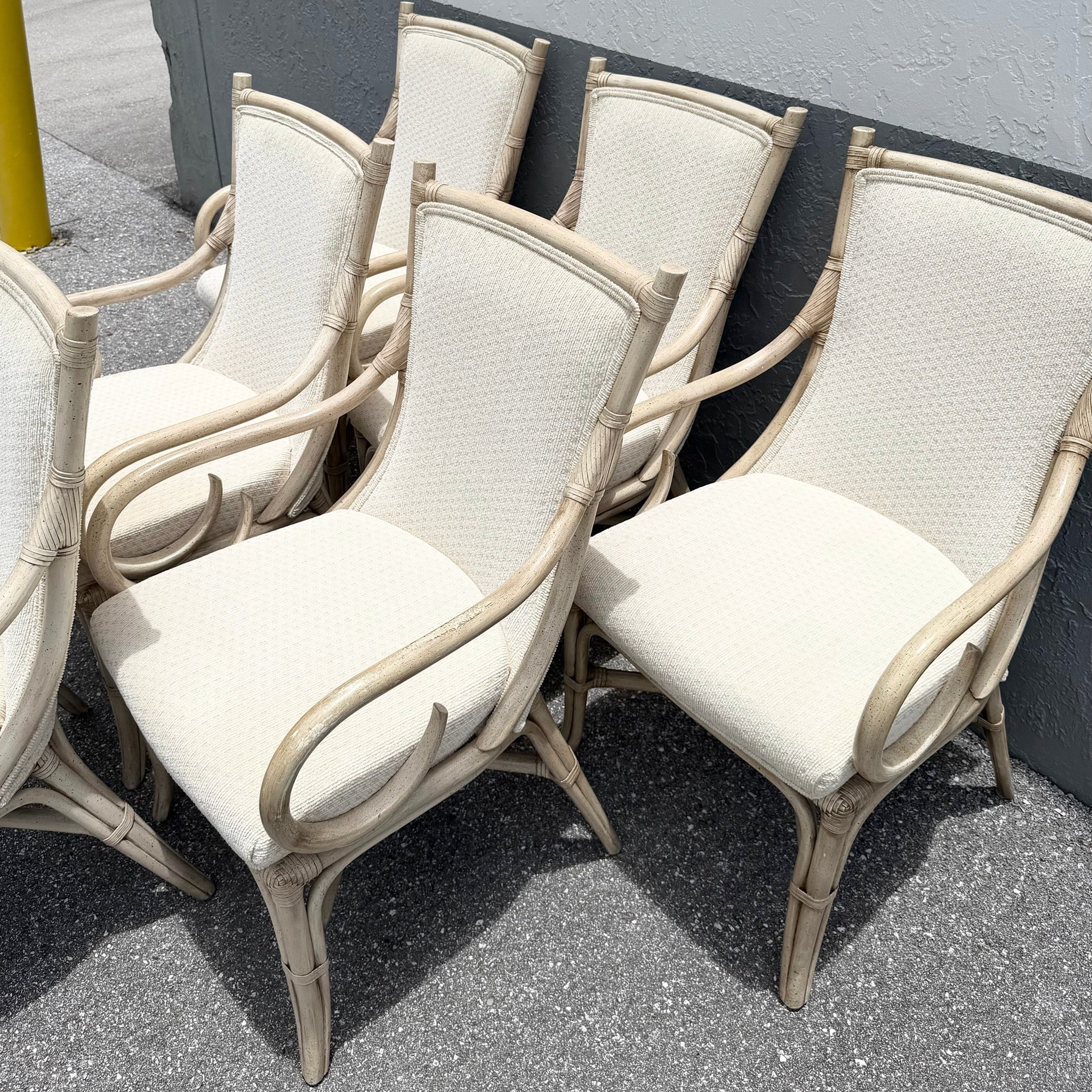 Vintage Coastal Cream and Tan Rattan Dining Arm Chairs by Whitcraft - Set of 6 Dolphin & Flamingo