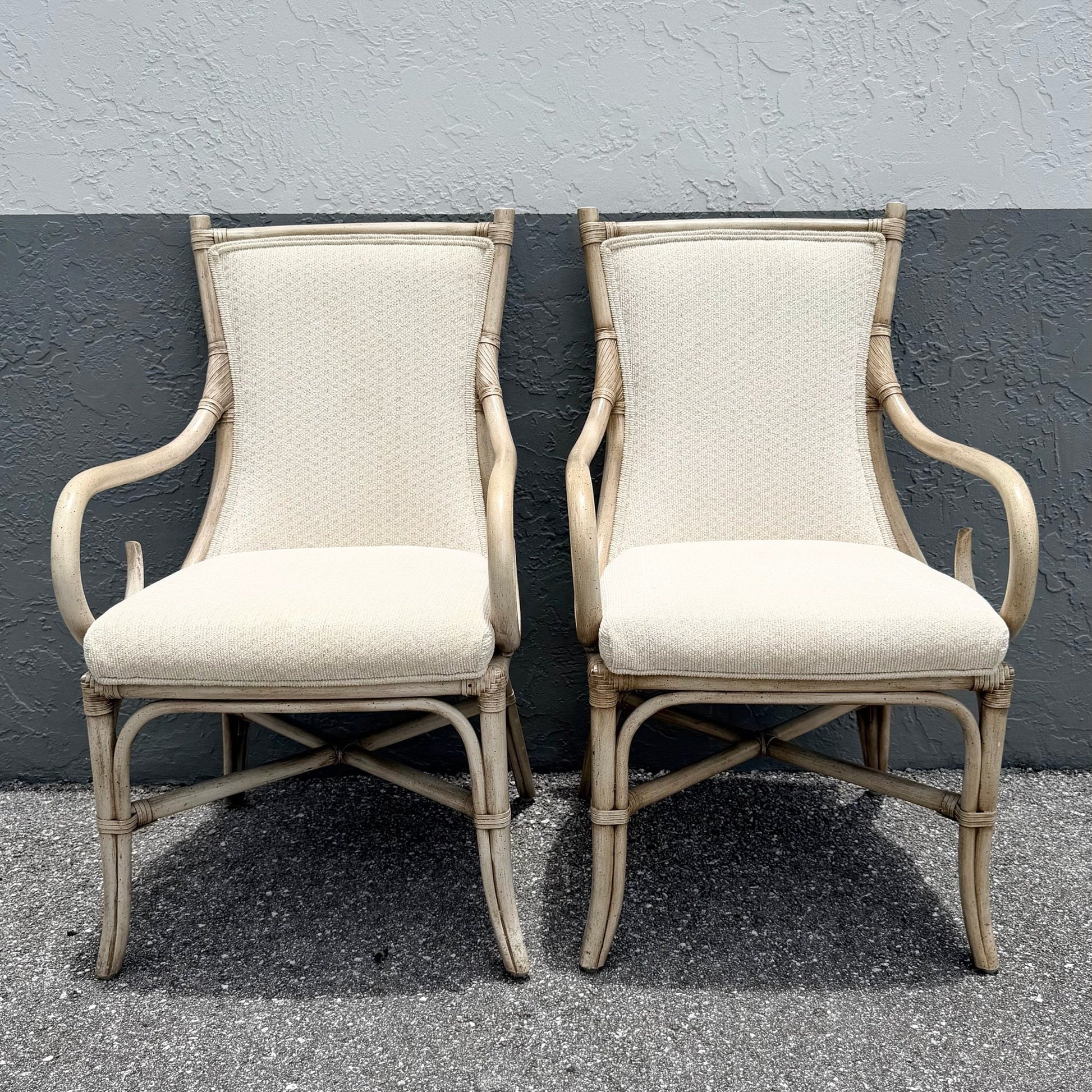 Vintage Coastal Cream and Tan Rattan Dining Arm Chairs by Whitcraft - Set of 6 Dolphin & Flamingo
