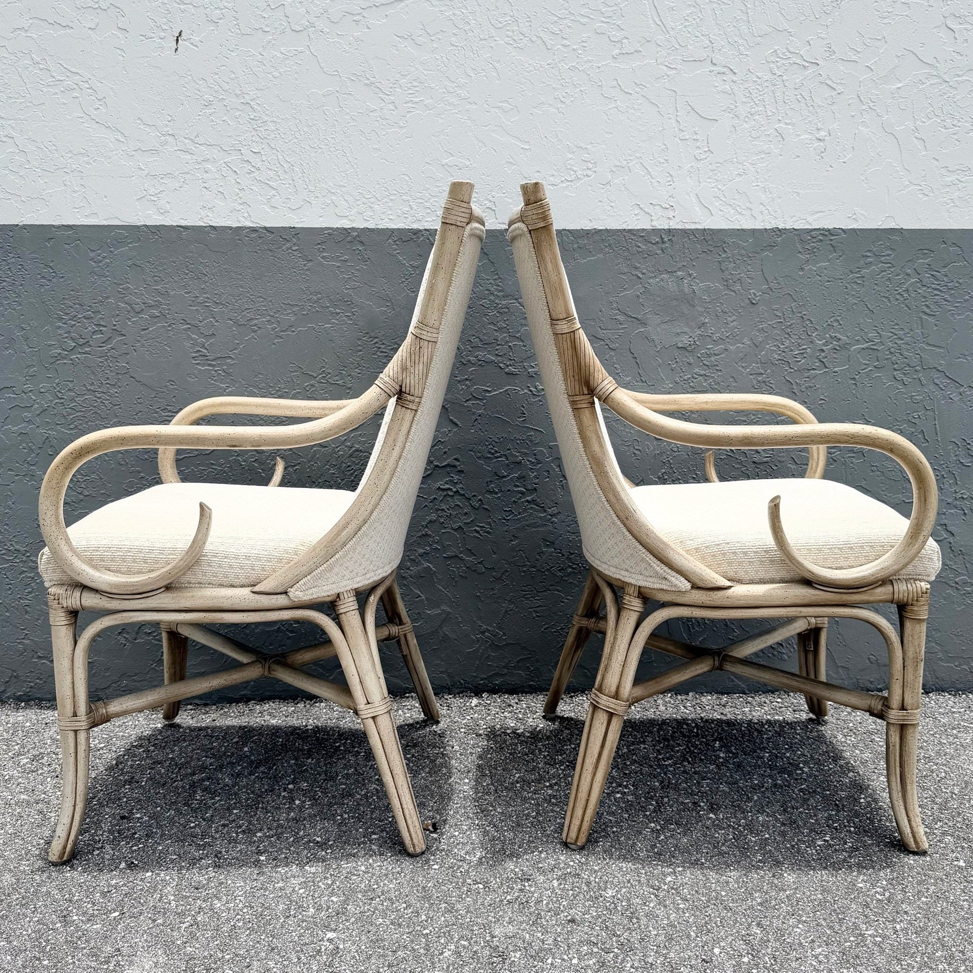 Vintage Coastal Cream and Tan Rattan Dining Arm Chairs by Whitcraft - Set of 6 Dolphin & Flamingo