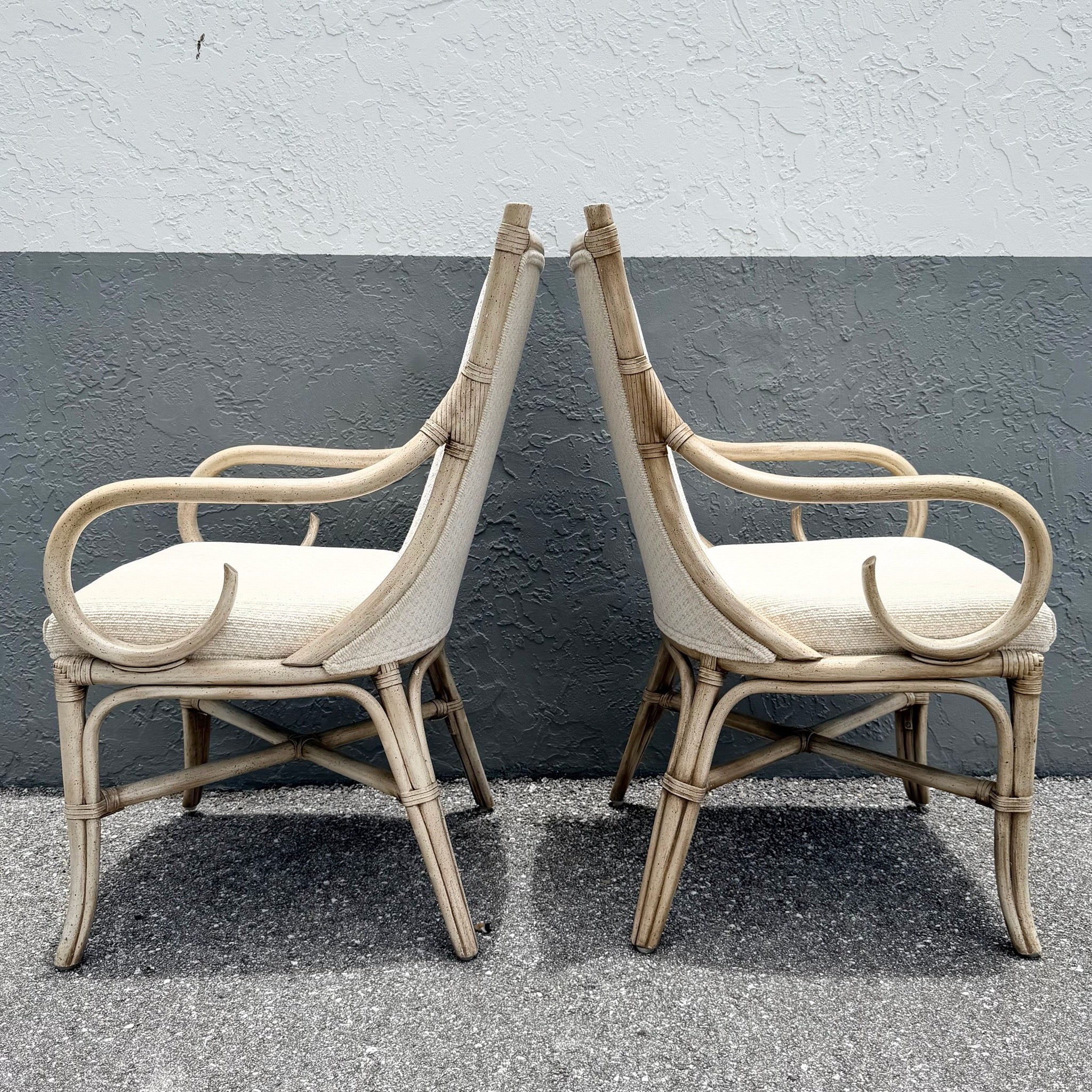 Vintage Coastal Cream and Tan Rattan Dining Arm Chairs by Whitcraft - Set of 6 Dolphin & Flamingo