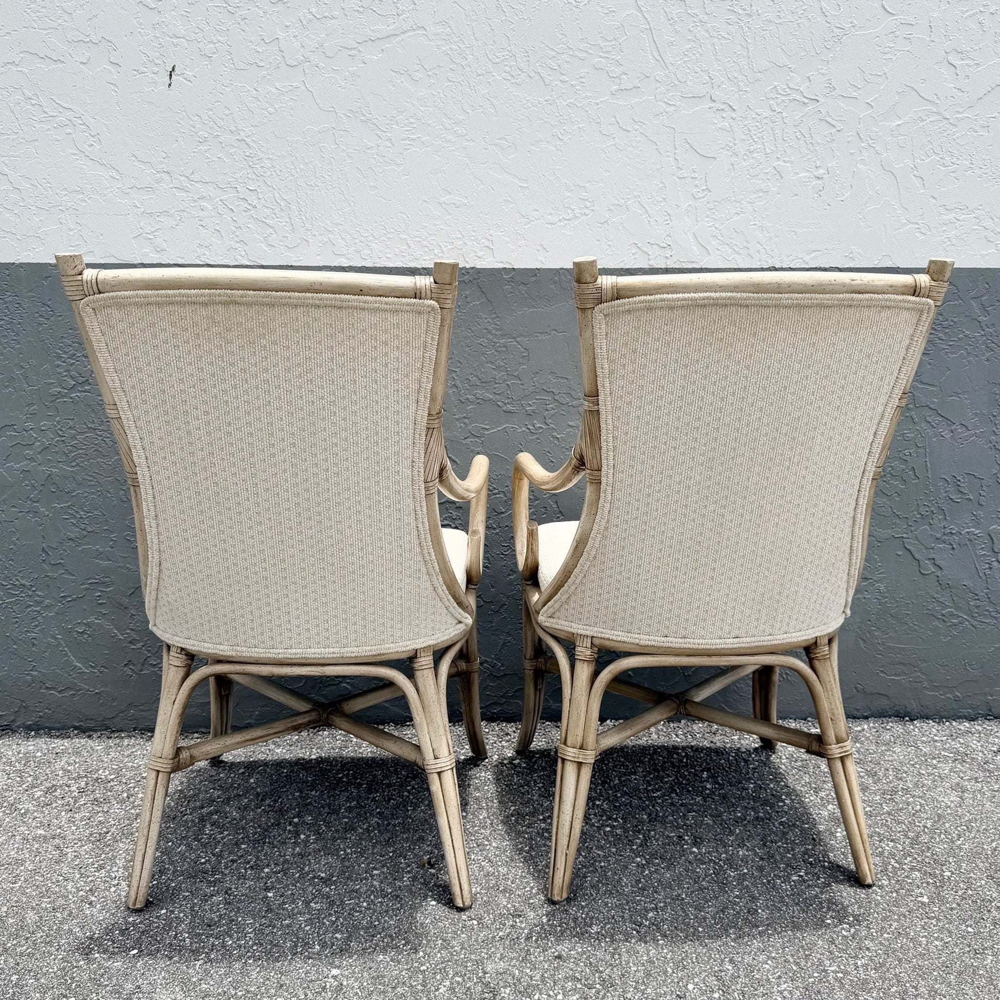 Vintage Coastal Cream and Tan Rattan Dining Arm Chairs by Whitcraft - Set of 6 Dolphin & Flamingo