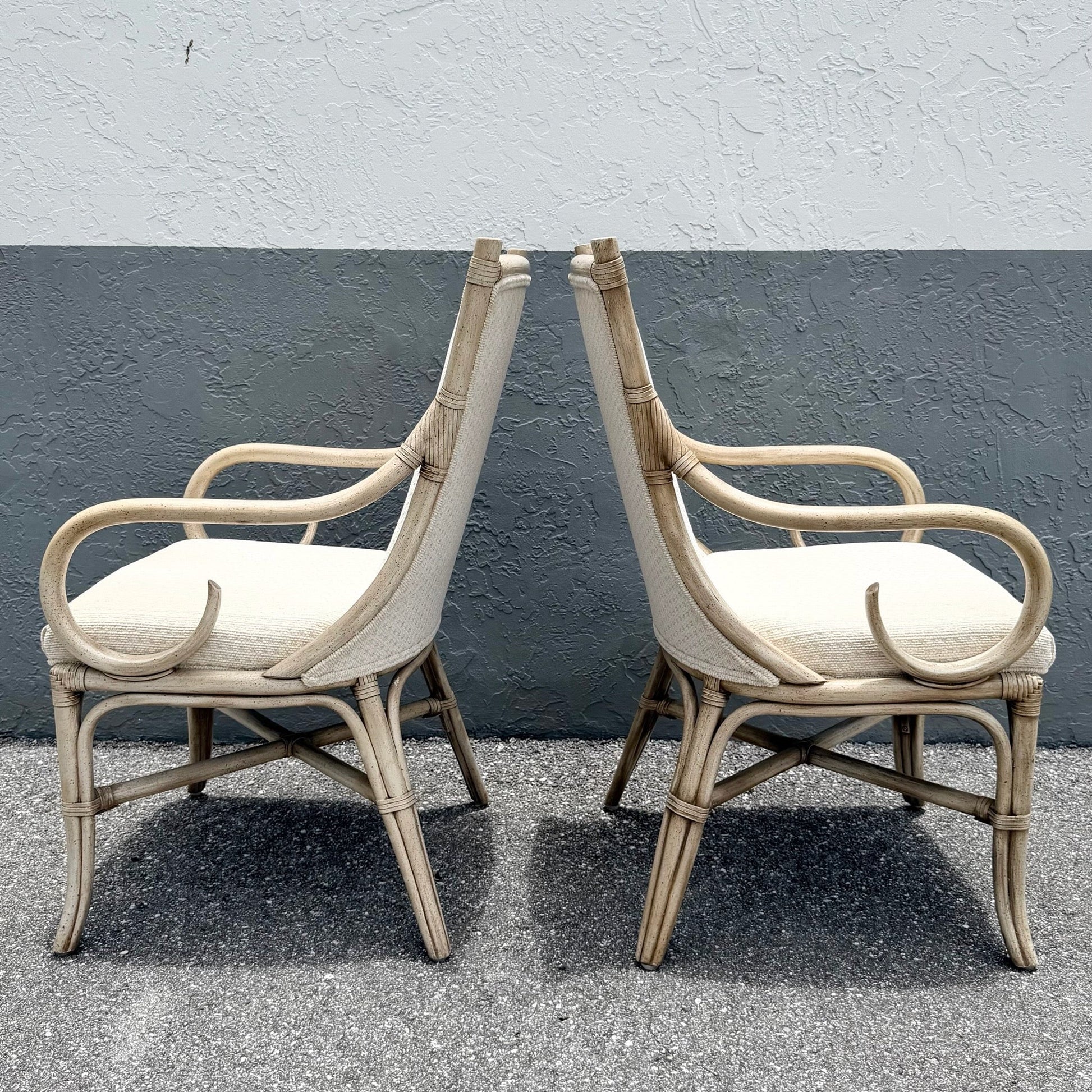 Vintage Coastal Cream and Tan Rattan Dining Arm Chairs by Whitcraft - Set of 6 Dolphin & Flamingo