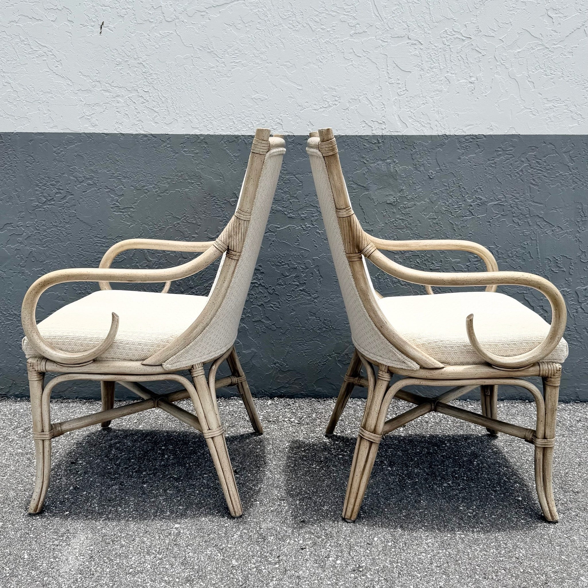 Vintage Coastal Cream and Tan Rattan Dining Arm Chairs by Whitcraft - Set of 6 Dolphin & Flamingo