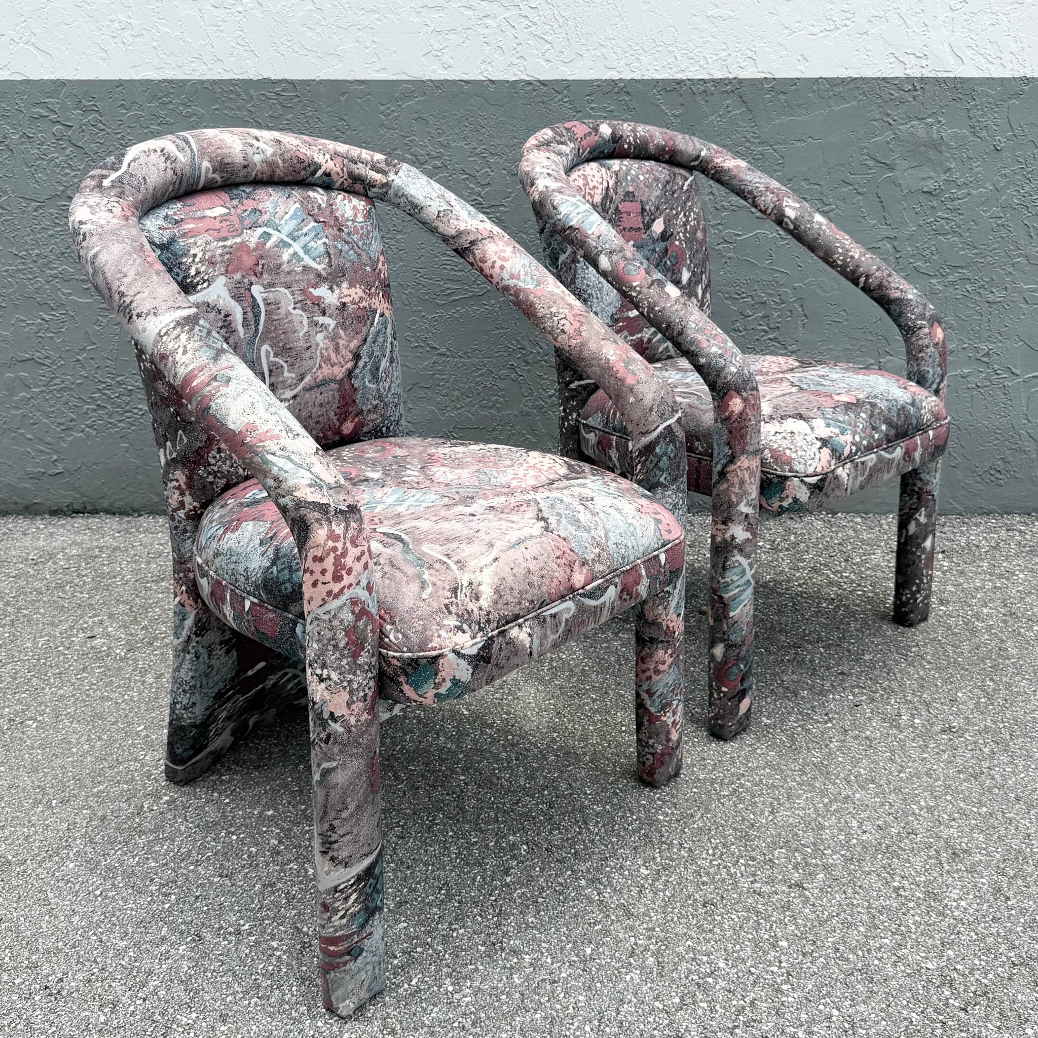 Vintage Postmodern. Purple Pink and Blue Arm Chairs - A Pair Dolphin & Flamingo