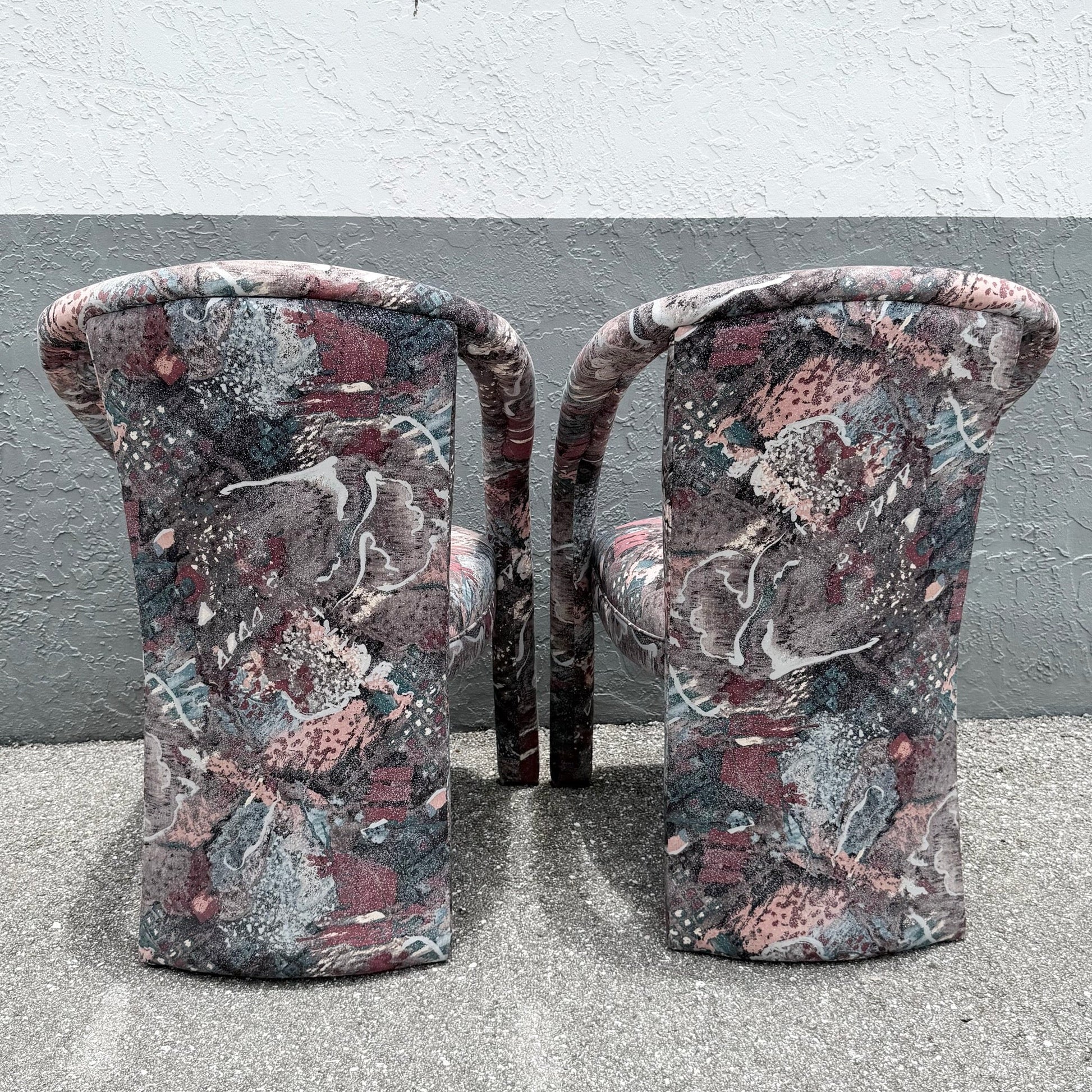 Vintage Postmodern. Purple Pink and Blue Arm Chairs - A Pair Dolphin & Flamingo