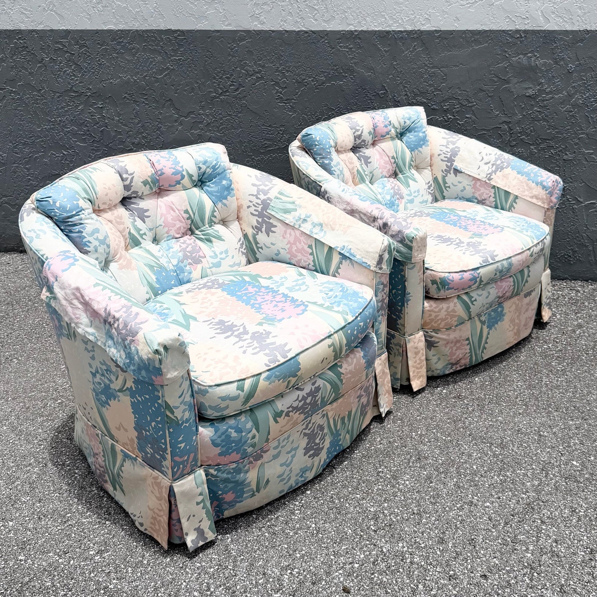 Vintage Postmodern Tufted Swivel Barrel Chairs - A Pair Dolphin & Flamingo