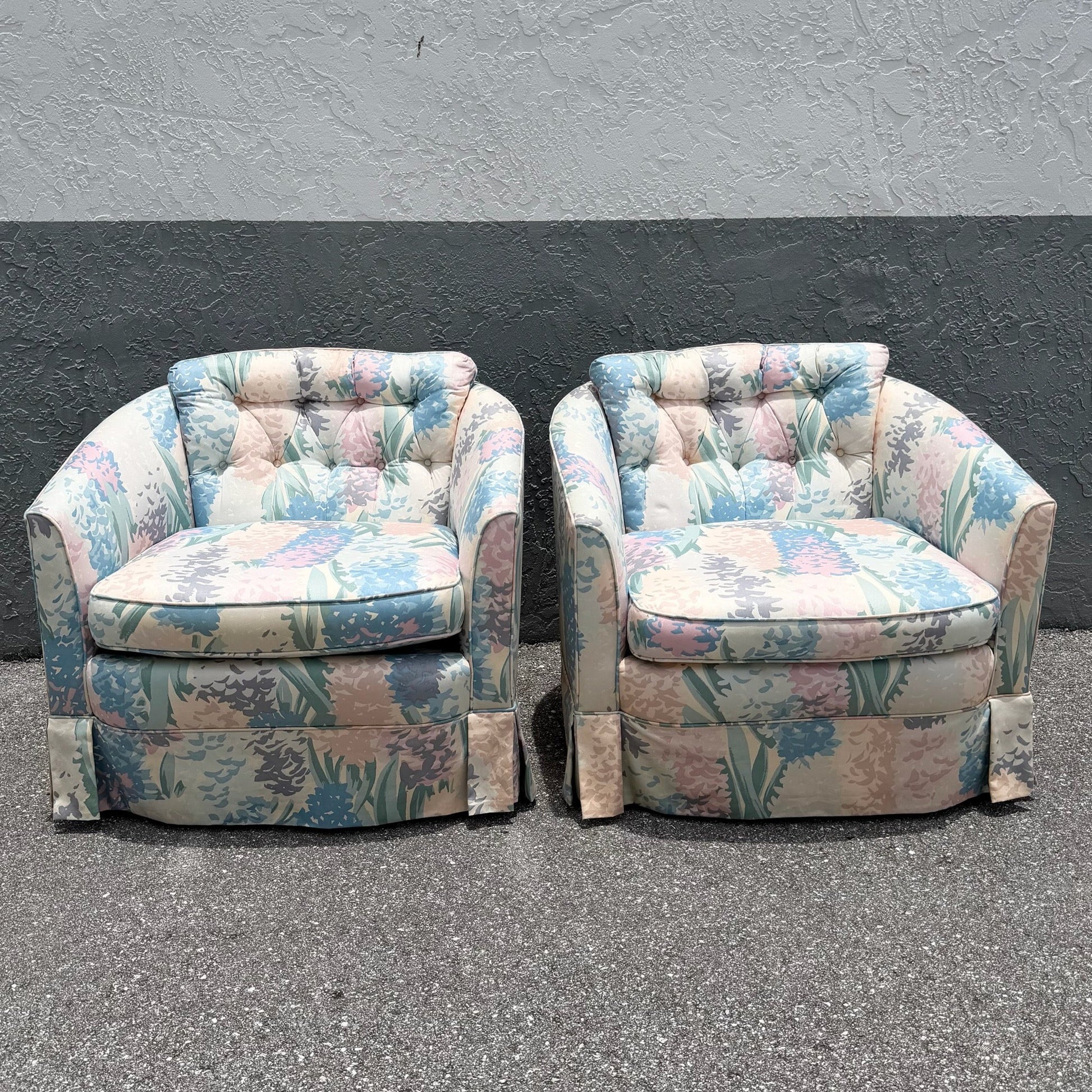 Vintage Postmodern Tufted Swivel Barrel Chairs - A Pair Dolphin & Flamingo