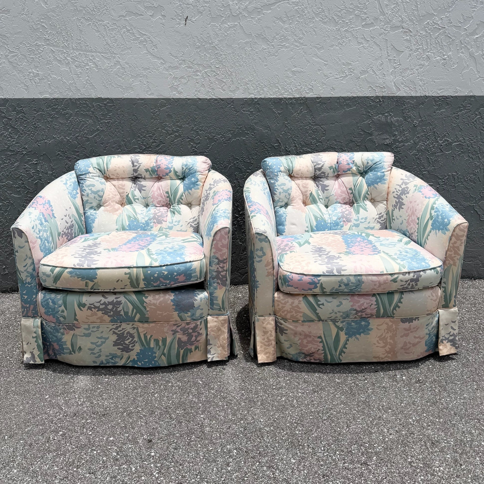 Vintage Postmodern Tufted Swivel Barrel Chairs - A Pair Dolphin & Flamingo