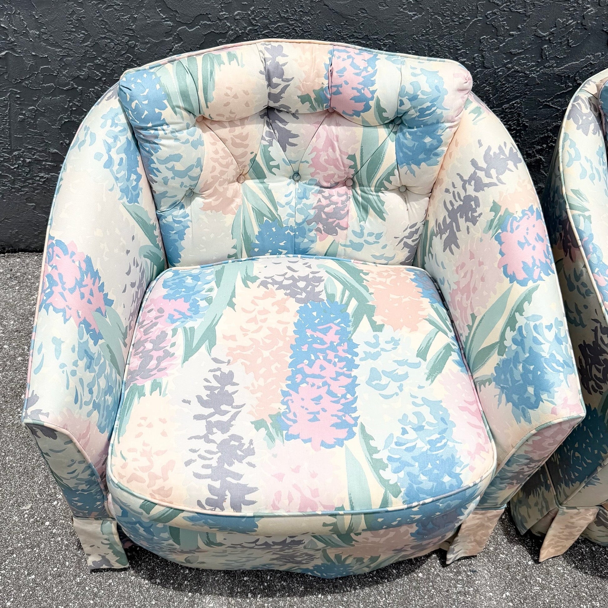 Vintage Postmodern Tufted Swivel Barrel Chairs - A Pair Dolphin & Flamingo