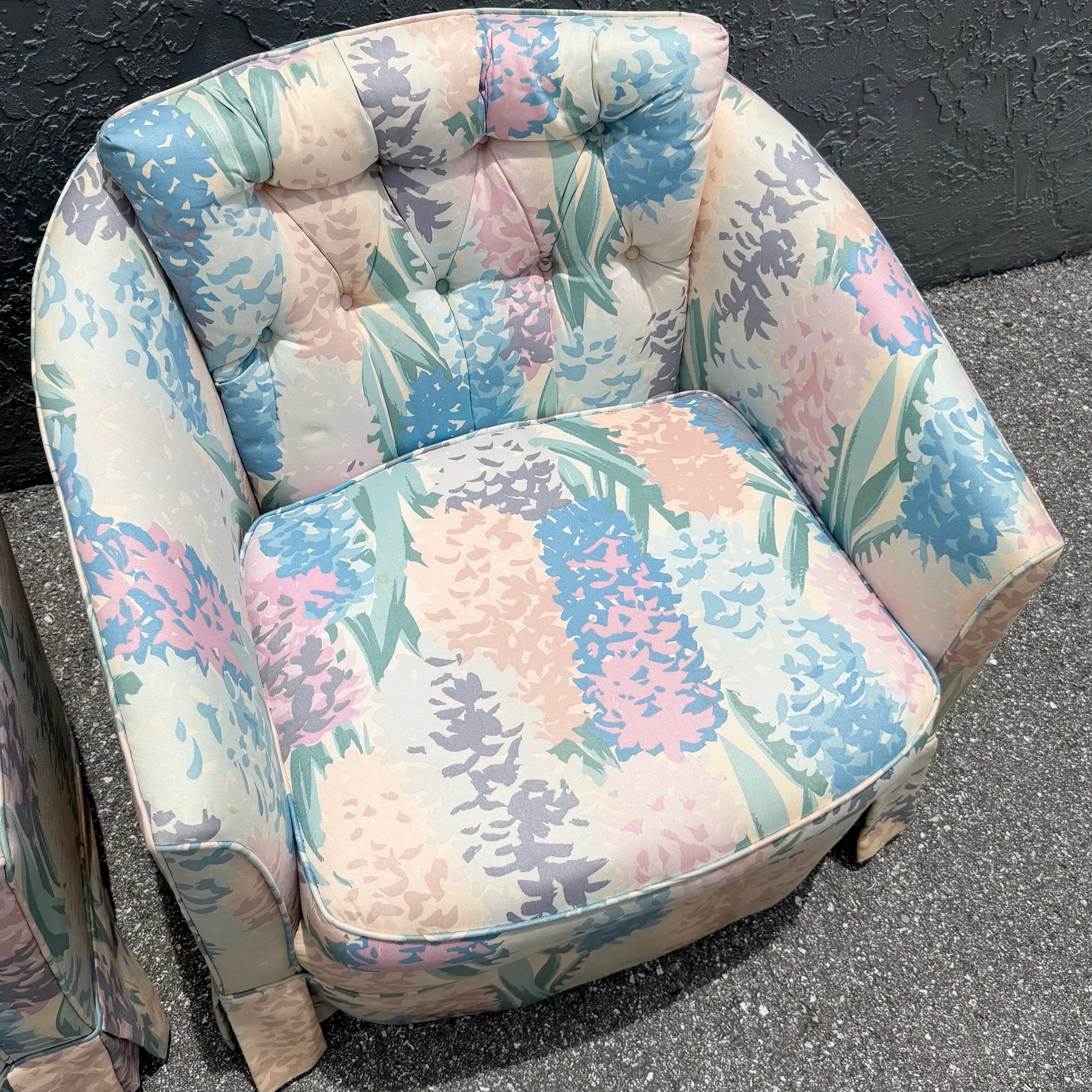 Vintage Postmodern Tufted Swivel Barrel Chairs - A Pair Dolphin & Flamingo