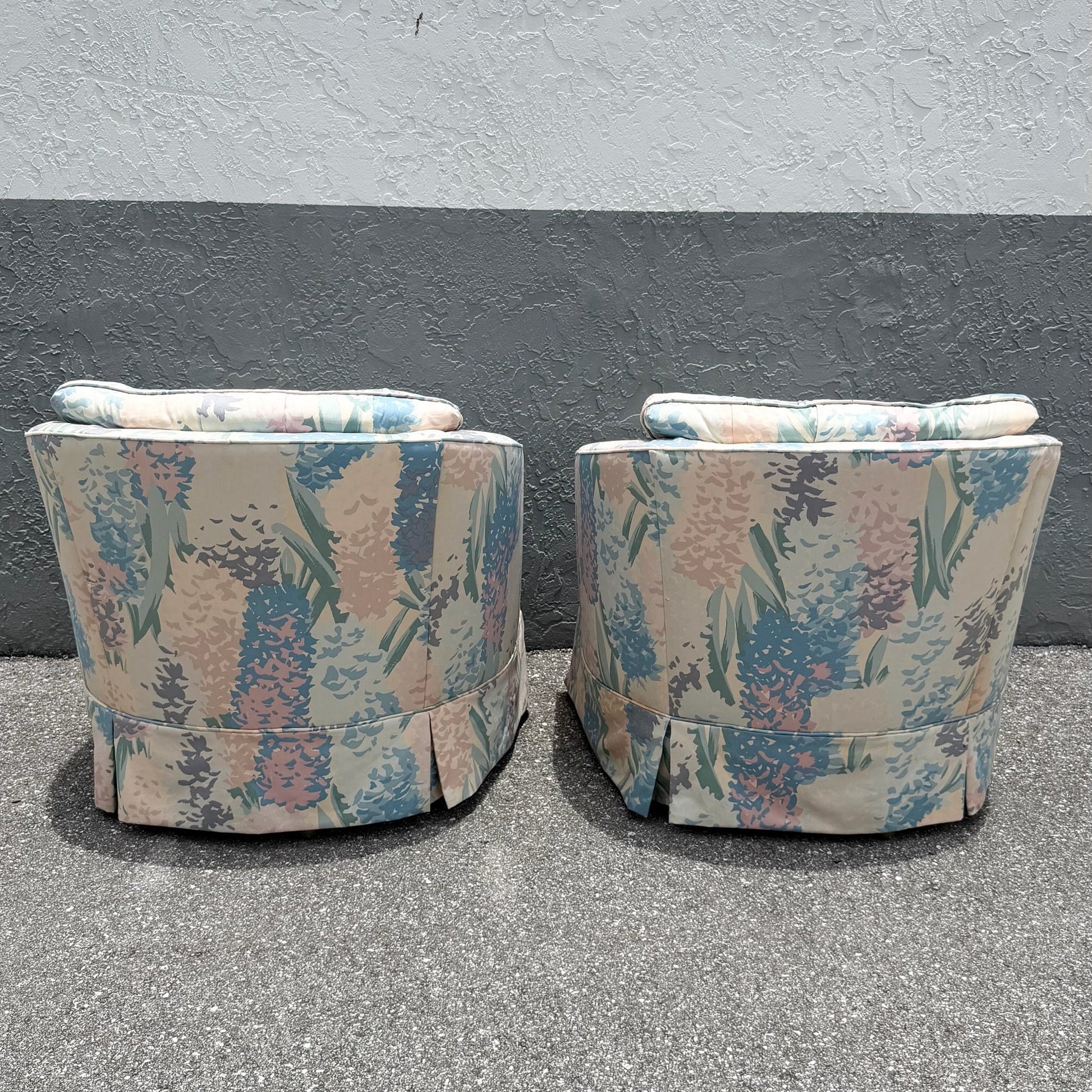 Vintage Postmodern Tufted Swivel Barrel Chairs - A Pair Dolphin & Flamingo