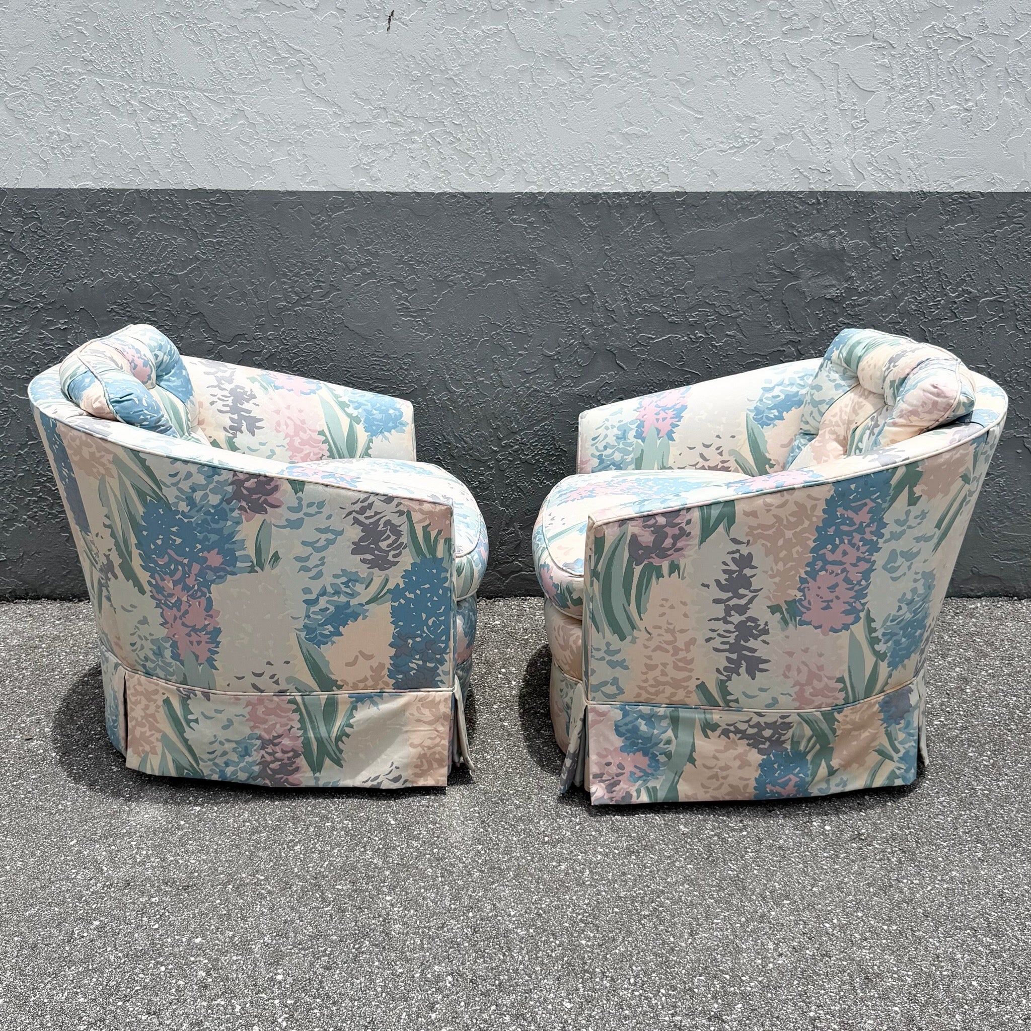 Vintage Postmodern Tufted Swivel Barrel Chairs - A Pair Dolphin & Flamingo