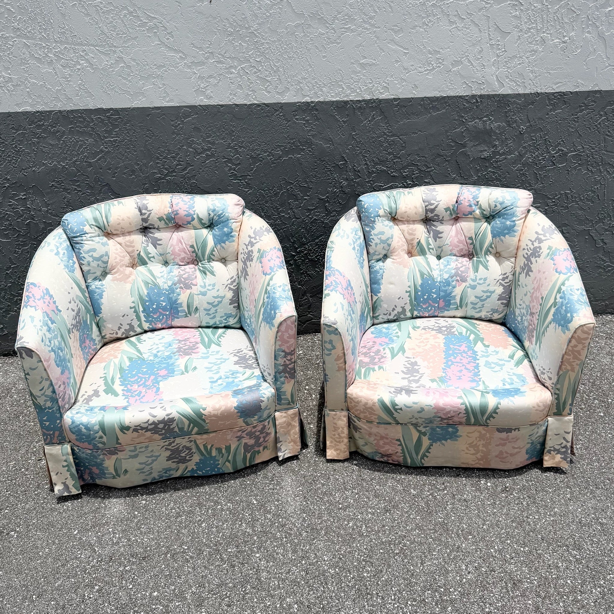 Vintage Postmodern Tufted Swivel Barrel Chairs - A Pair Dolphin & Flamingo