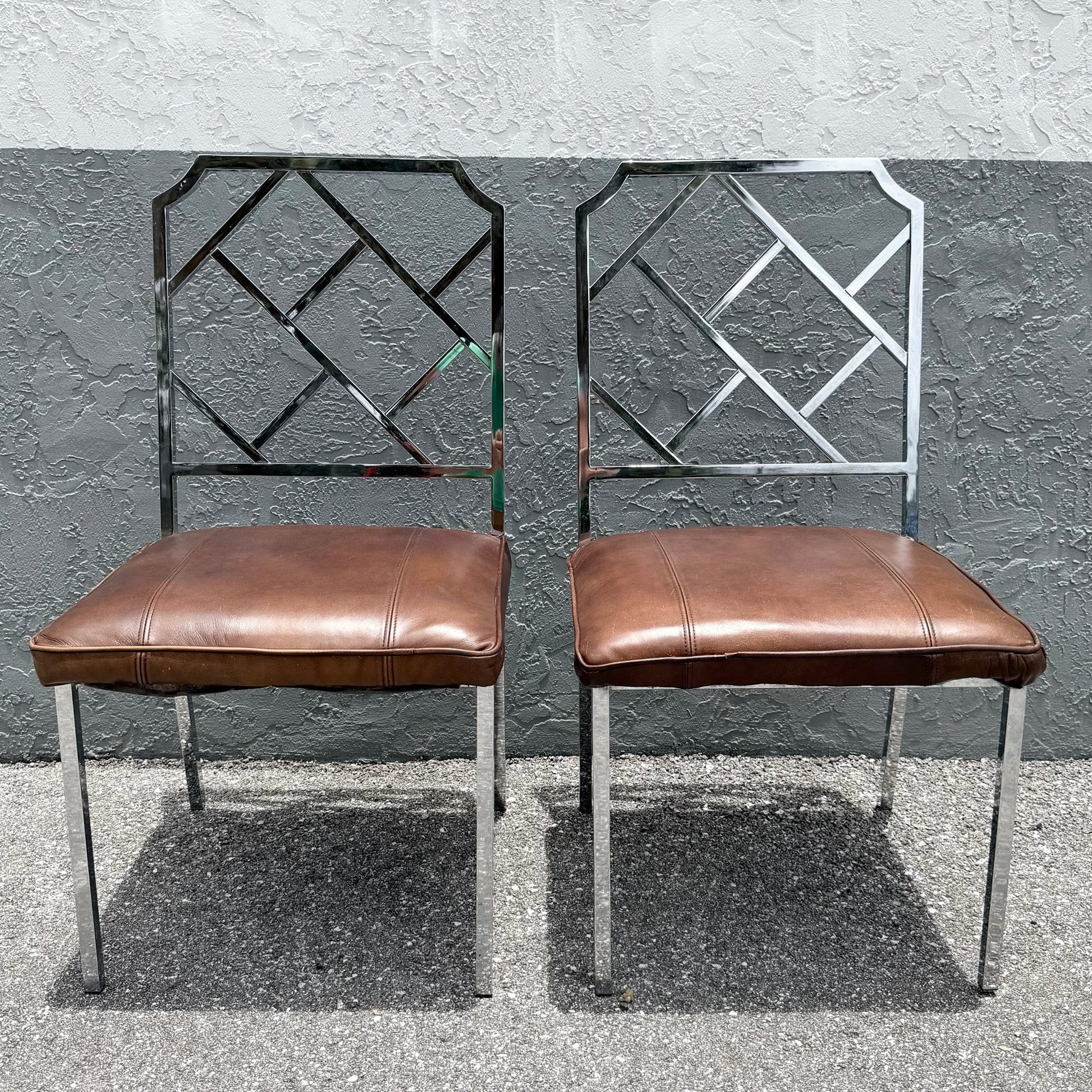 Mid Century Modern Chrome Chippendale Style Dining Chairs - A Pair Dolphin & Flamingo