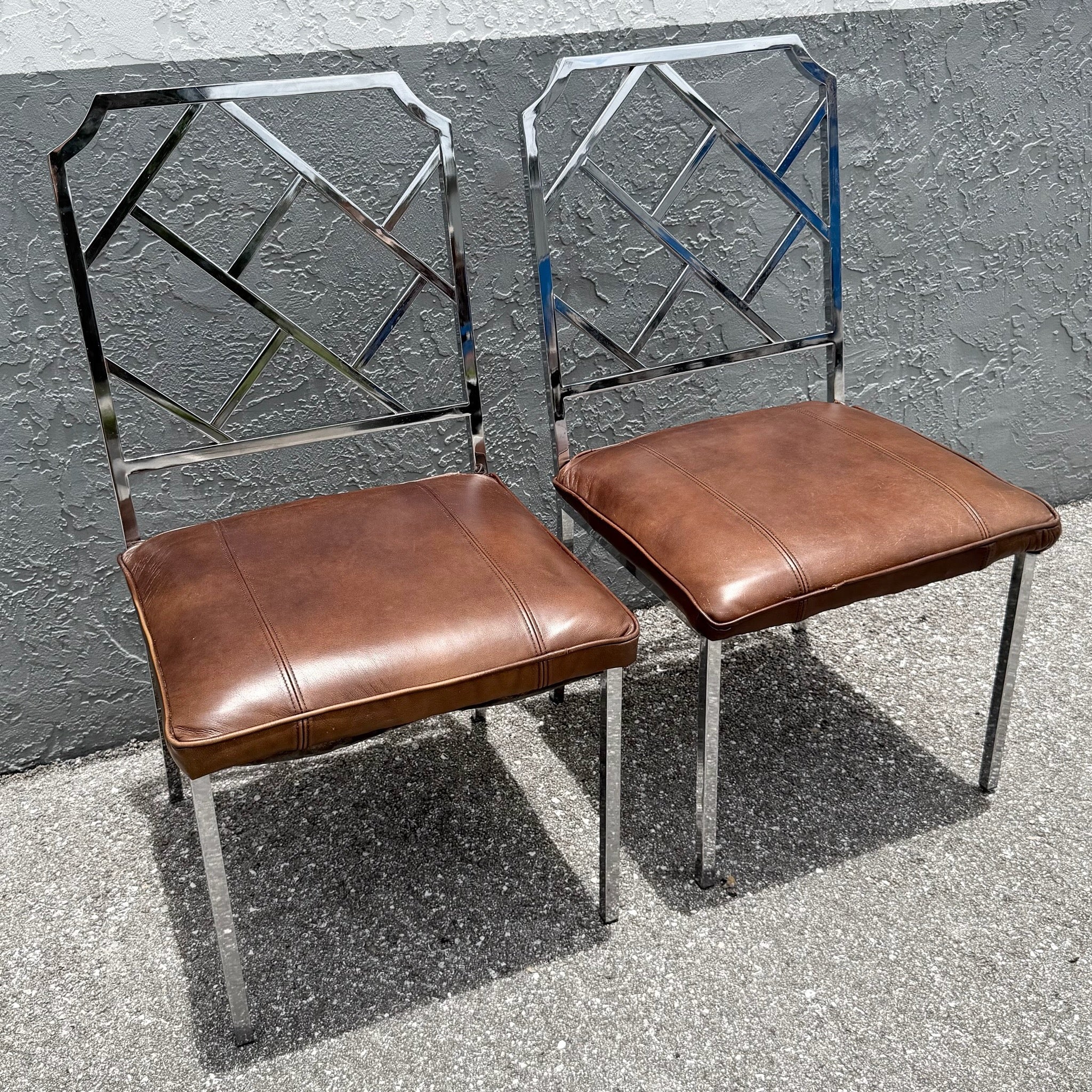 Mid Century Modern Chrome Chippendale Style Dining Chairs - A Pair Dolphin & Flamingo