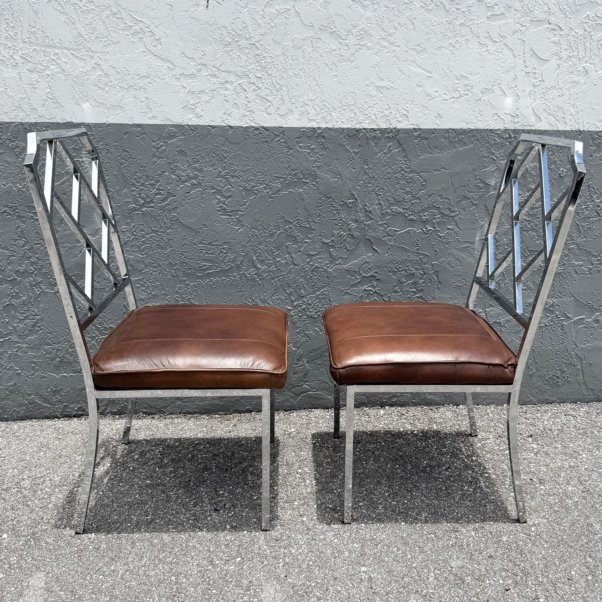 Mid Century Modern Chrome Chippendale Style Dining Chairs - A Pair Dolphin & Flamingo