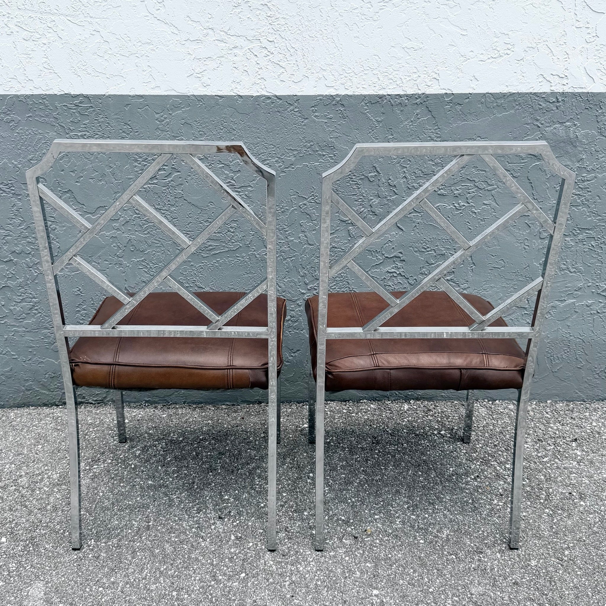 Mid Century Modern Chrome Chippendale Style Dining Chairs - A Pair Dolphin & Flamingo