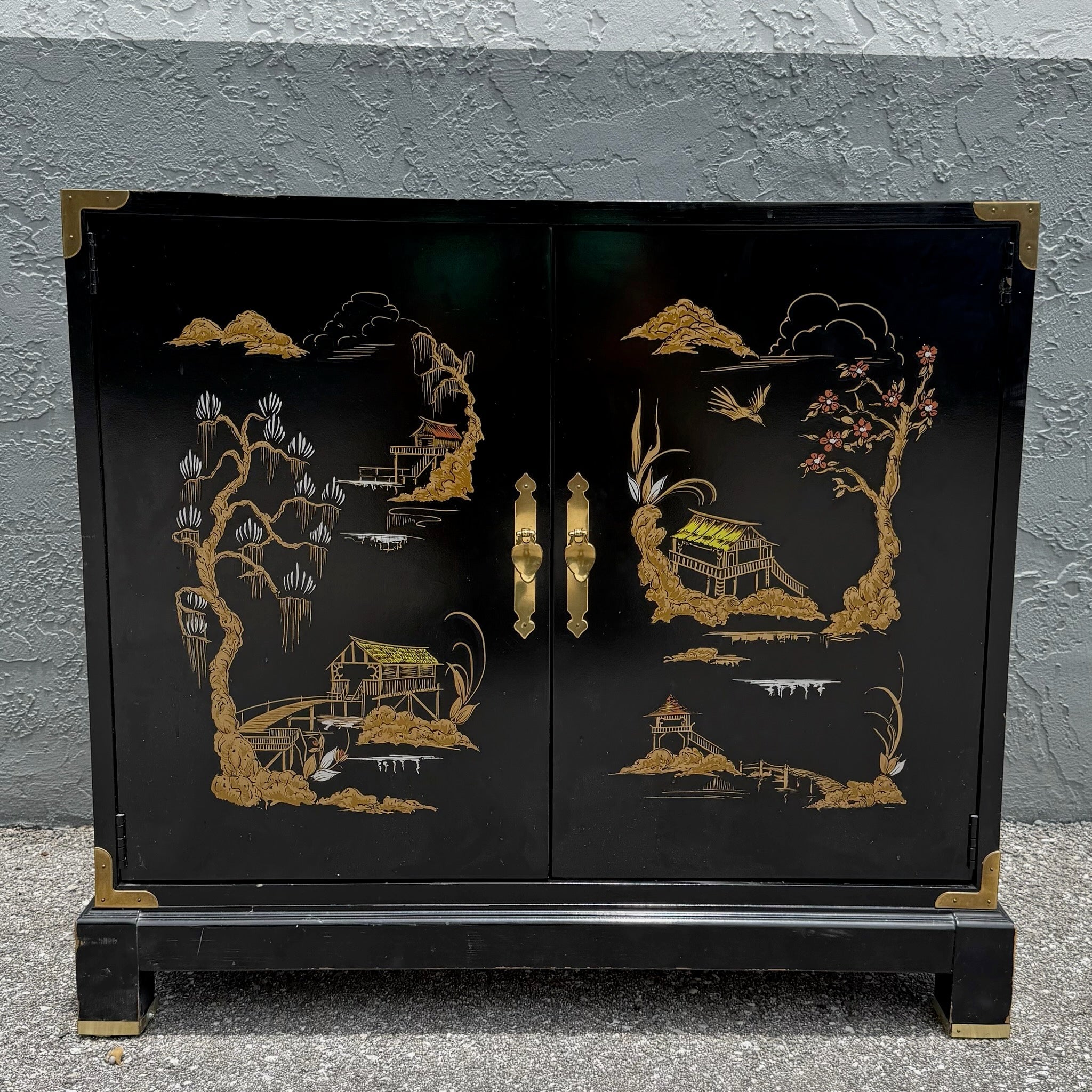 Vintage Chinese Black Hand Painted Sideboard With Brass Accents Dolphin & Flamingo