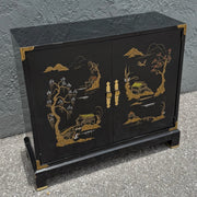 Vintage Chinese Black Hand Painted Sideboard With Brass Accents Dolphin & Flamingo