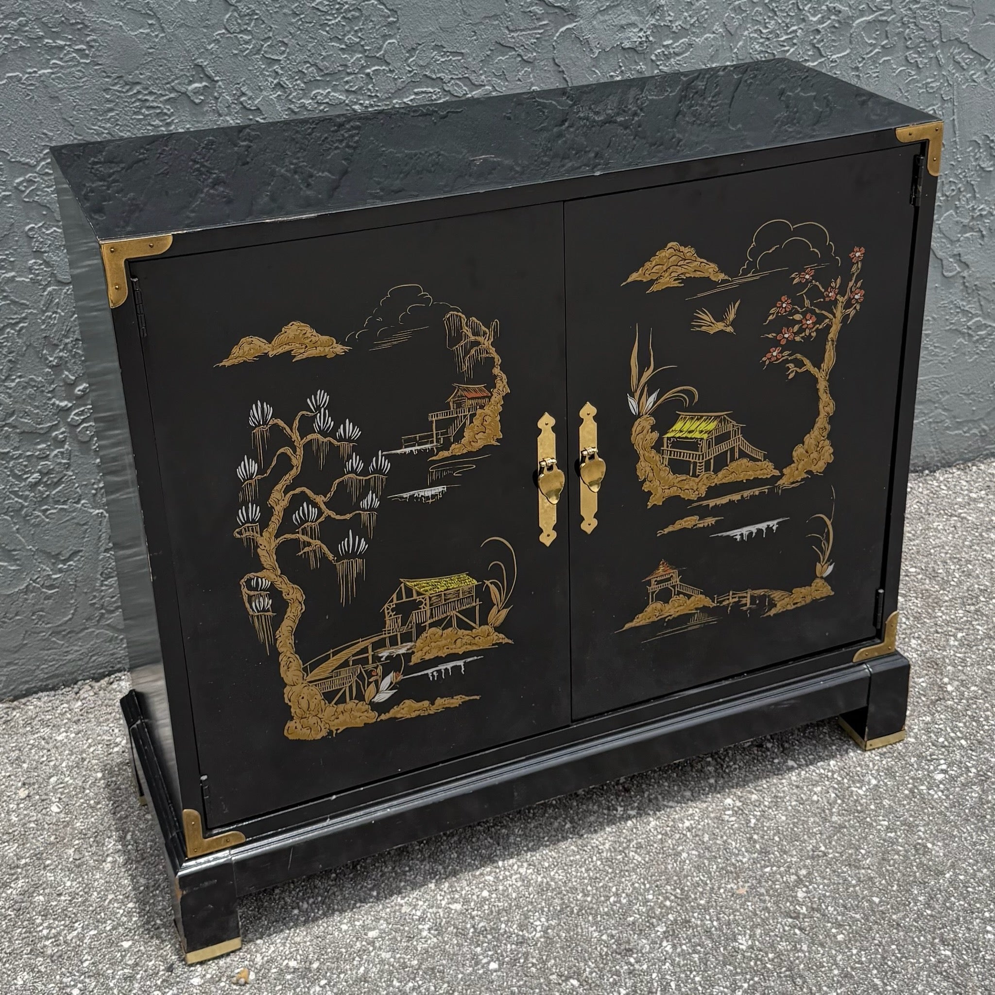 Vintage Chinese Black Hand Painted Sideboard With Brass Accents Dolphin & Flamingo