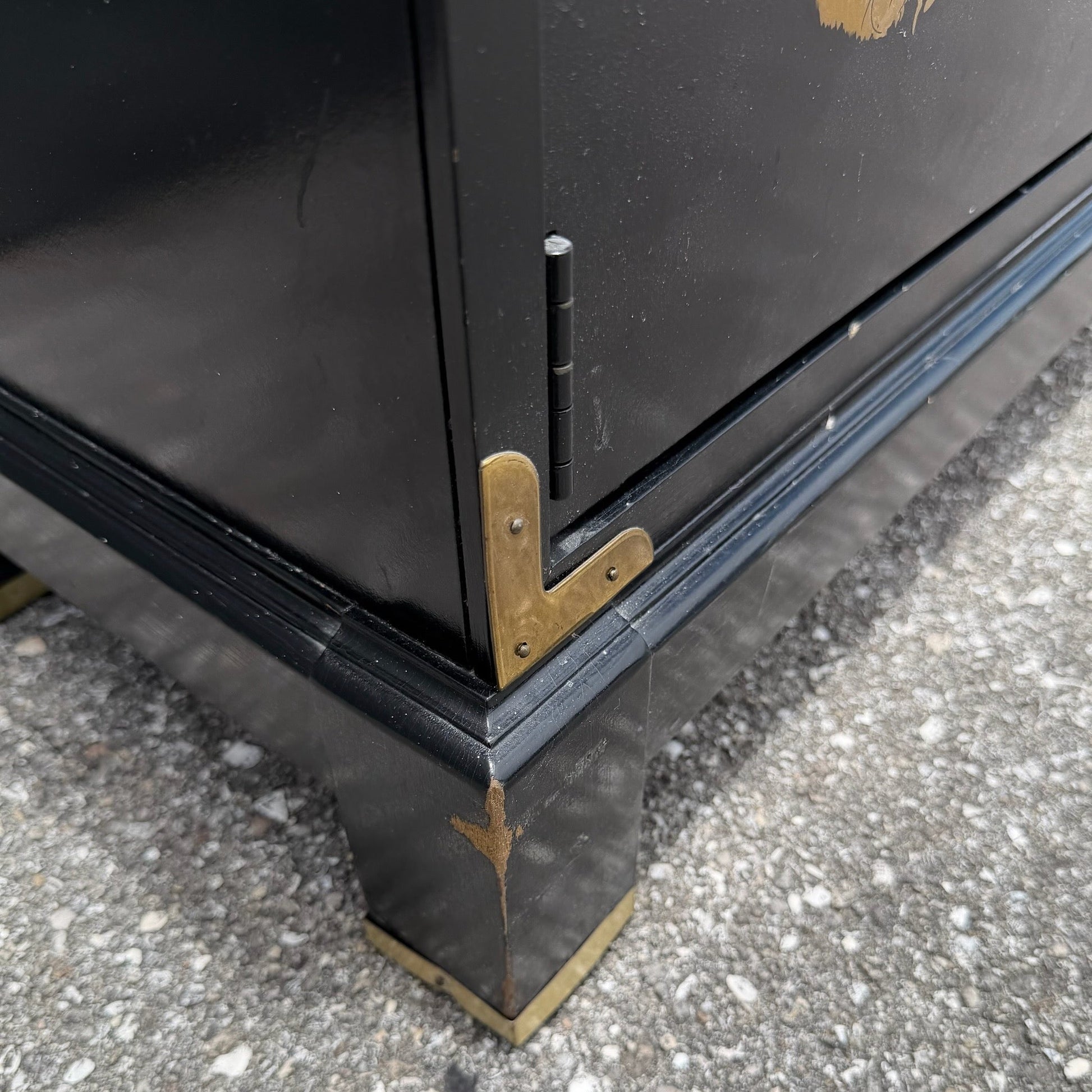 Vintage Chinese Black Hand Painted Sideboard With Brass Accents Dolphin & Flamingo