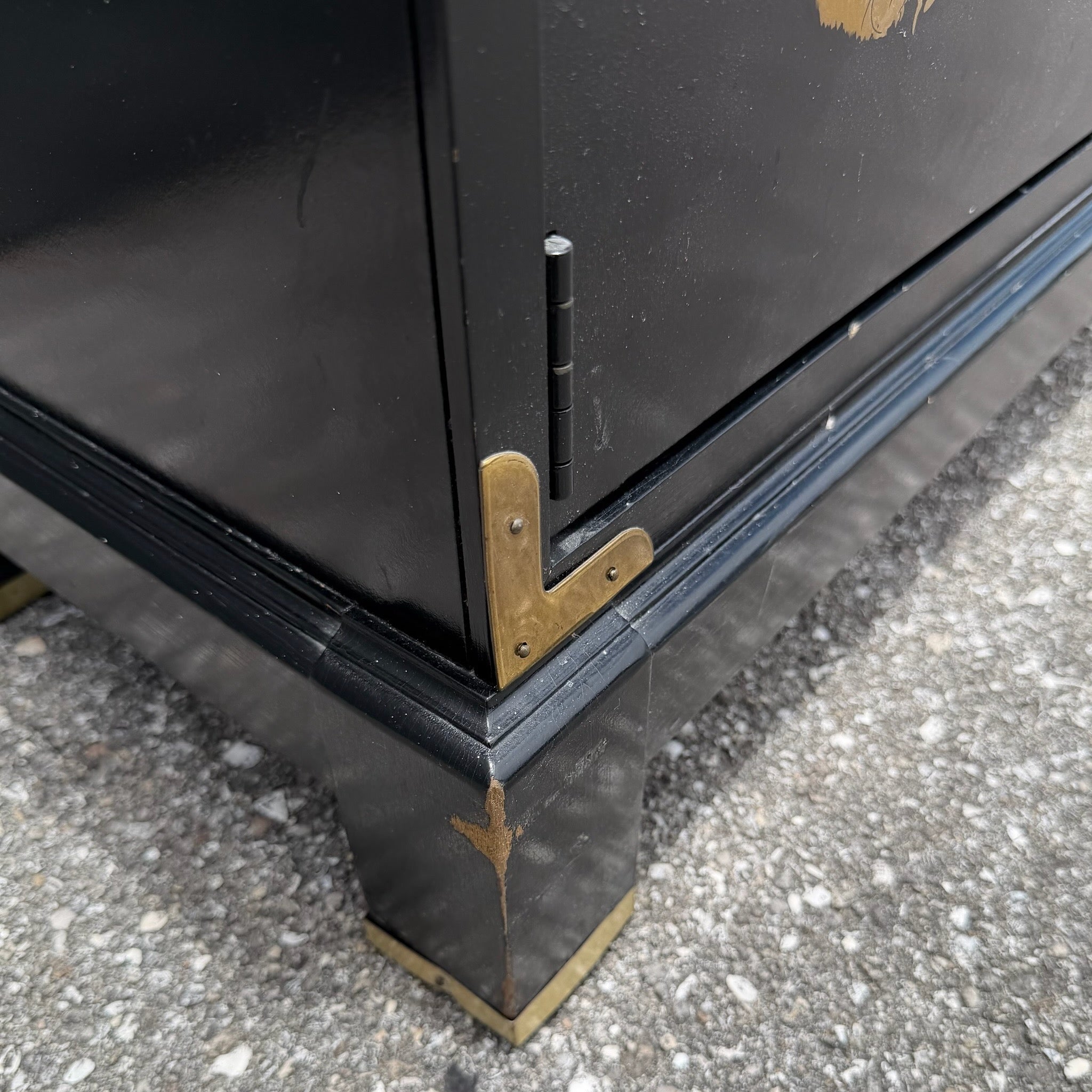 Vintage Chinese Black Hand Painted Sideboard With Brass Accents Dolphin & Flamingo