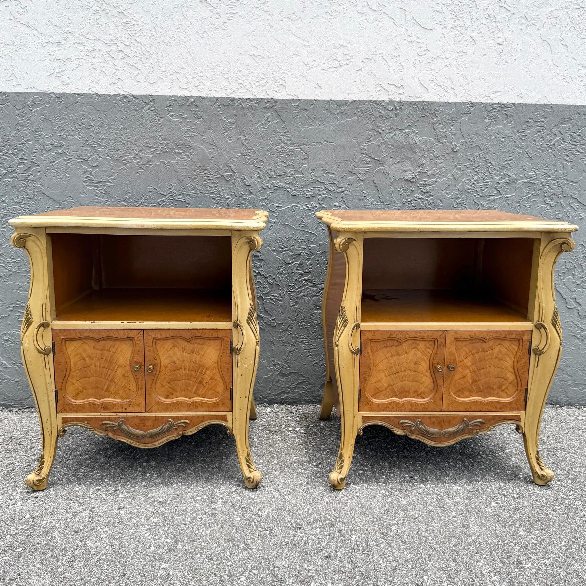 Vintage French Provincial Style Burl Wood Bombe Nightstands - A Pair Dolphin & Flamingo