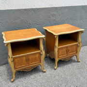Vintage French Provincial Style Burl Wood Bombe Nightstands - A Pair Dolphin & Flamingo