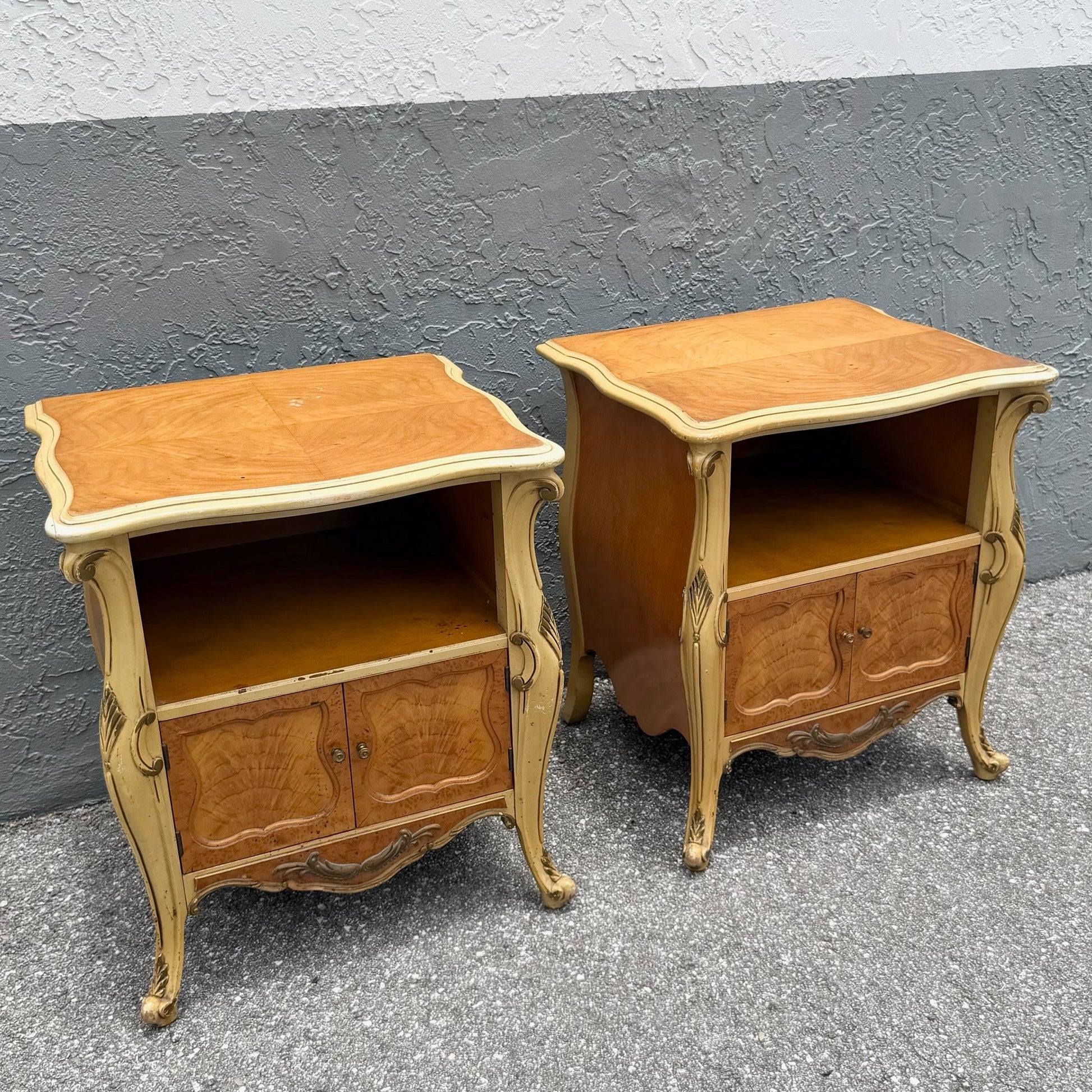 Vintage French Provincial Style Burl Wood Bombe Nightstands - A Pair Dolphin & Flamingo