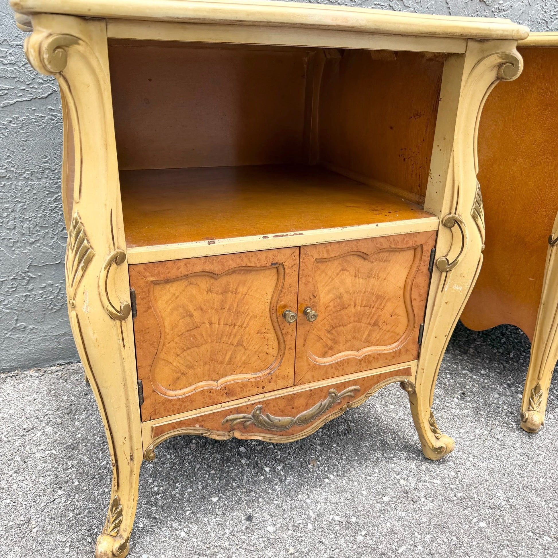 Vintage French Provincial Style Burl Wood Bombe Nightstands - A Pair Dolphin & Flamingo