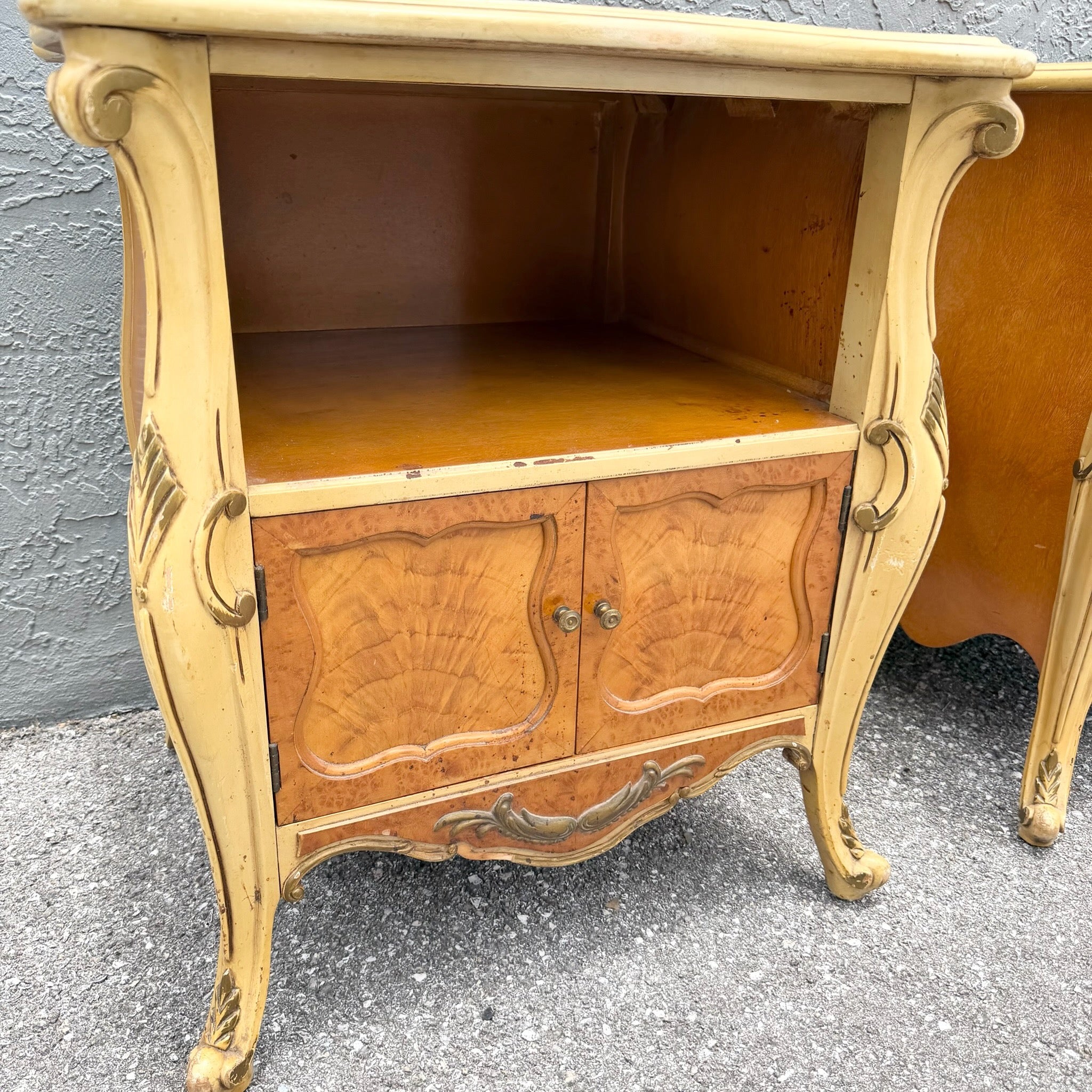 Vintage French Provincial Style Burl Wood Bombe Nightstands - A Pair Dolphin & Flamingo