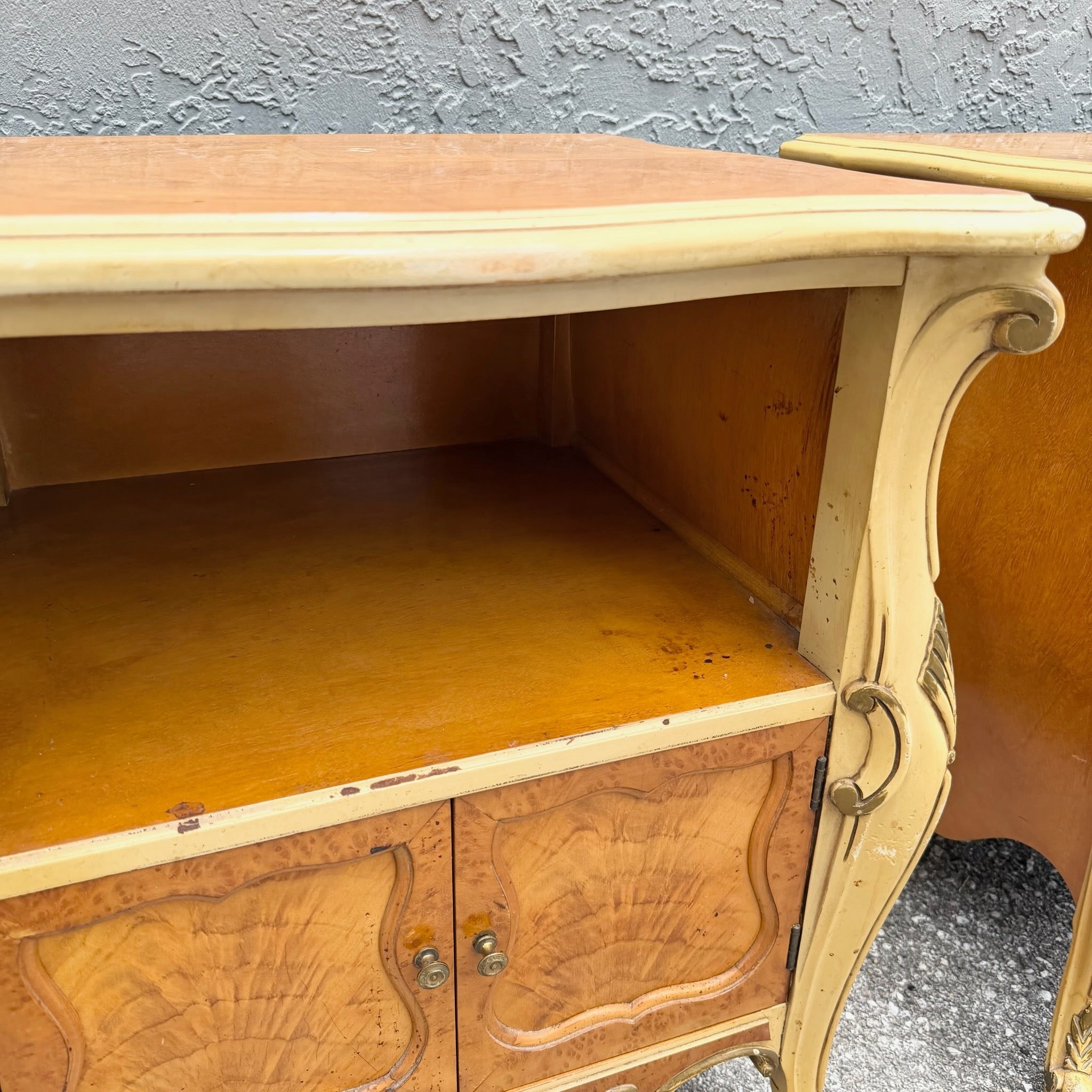 Vintage French Provincial Style Burl Wood Bombe Nightstands - A Pair Dolphin & Flamingo
