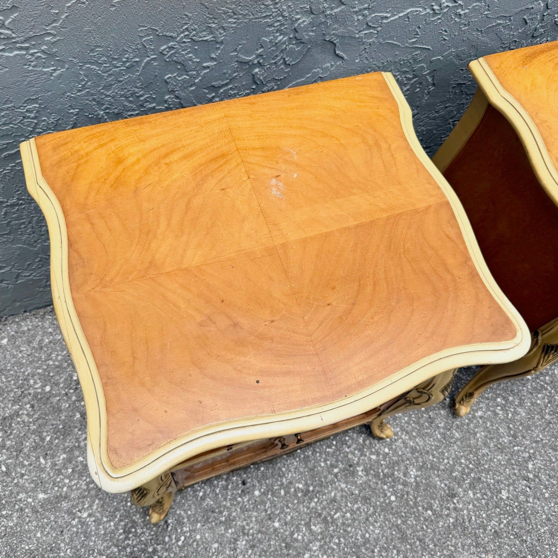 Vintage French Provincial Style Burl Wood Bombe Nightstands - A Pair Dolphin & Flamingo