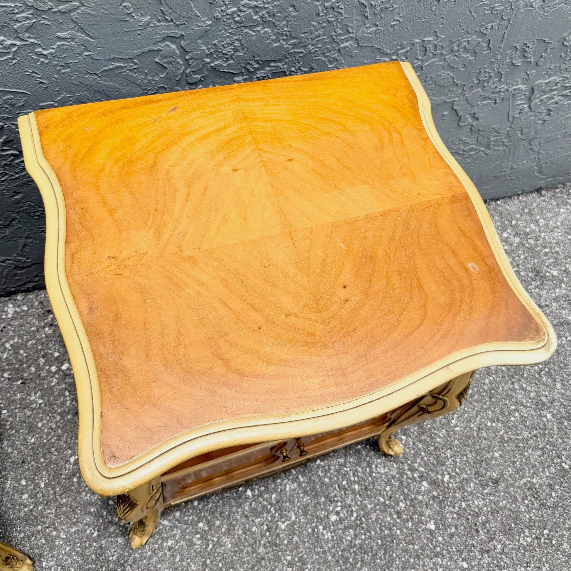 Vintage French Provincial Style Burl Wood Bombe Nightstands - A Pair Dolphin & Flamingo