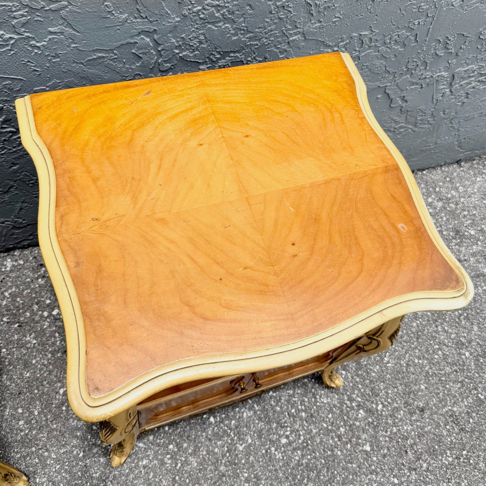 Vintage French Provincial Style Burl Wood Bombe Nightstands - A Pair Dolphin & Flamingo