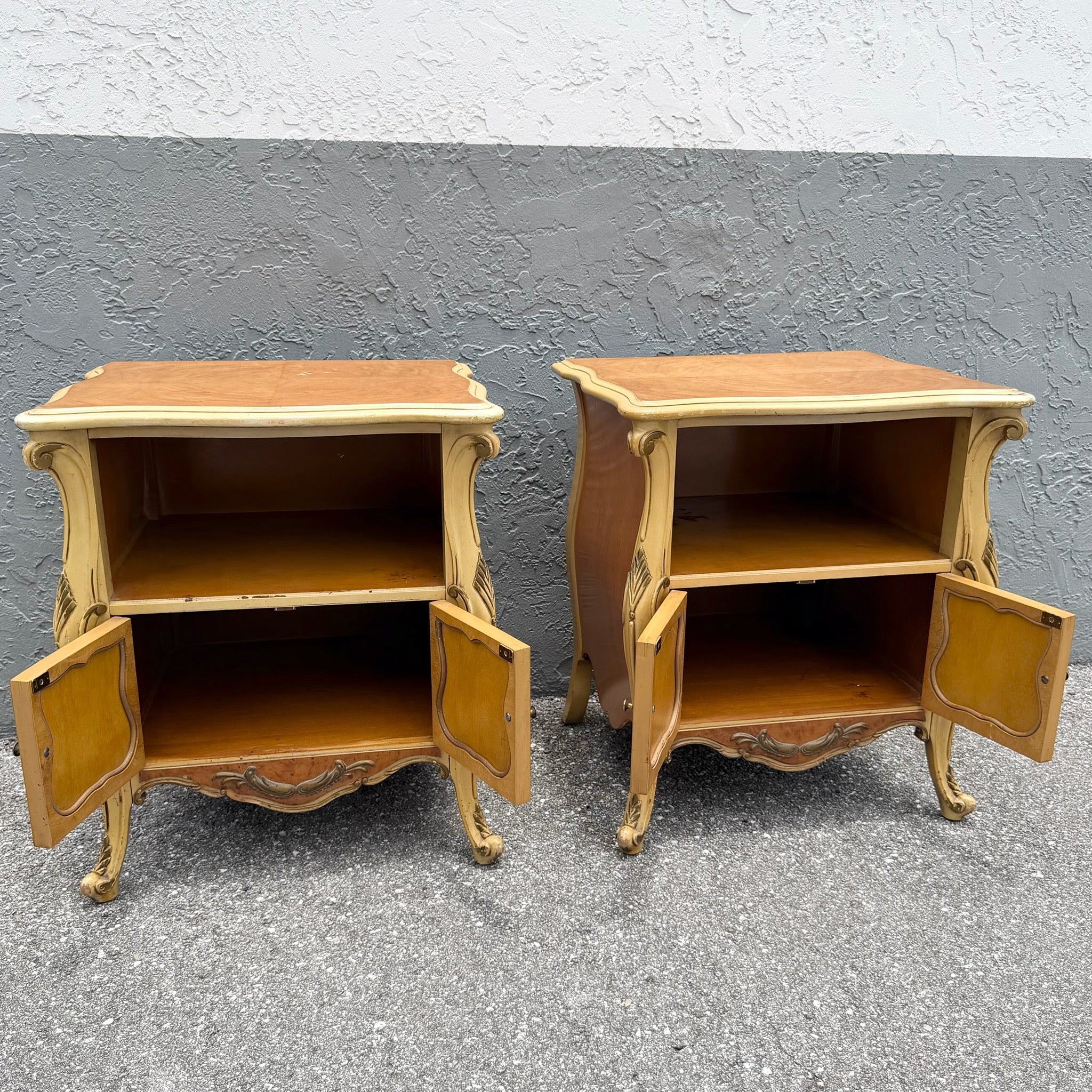 Vintage French Provincial Style Burl Wood Bombe Nightstands - A Pair Dolphin & Flamingo