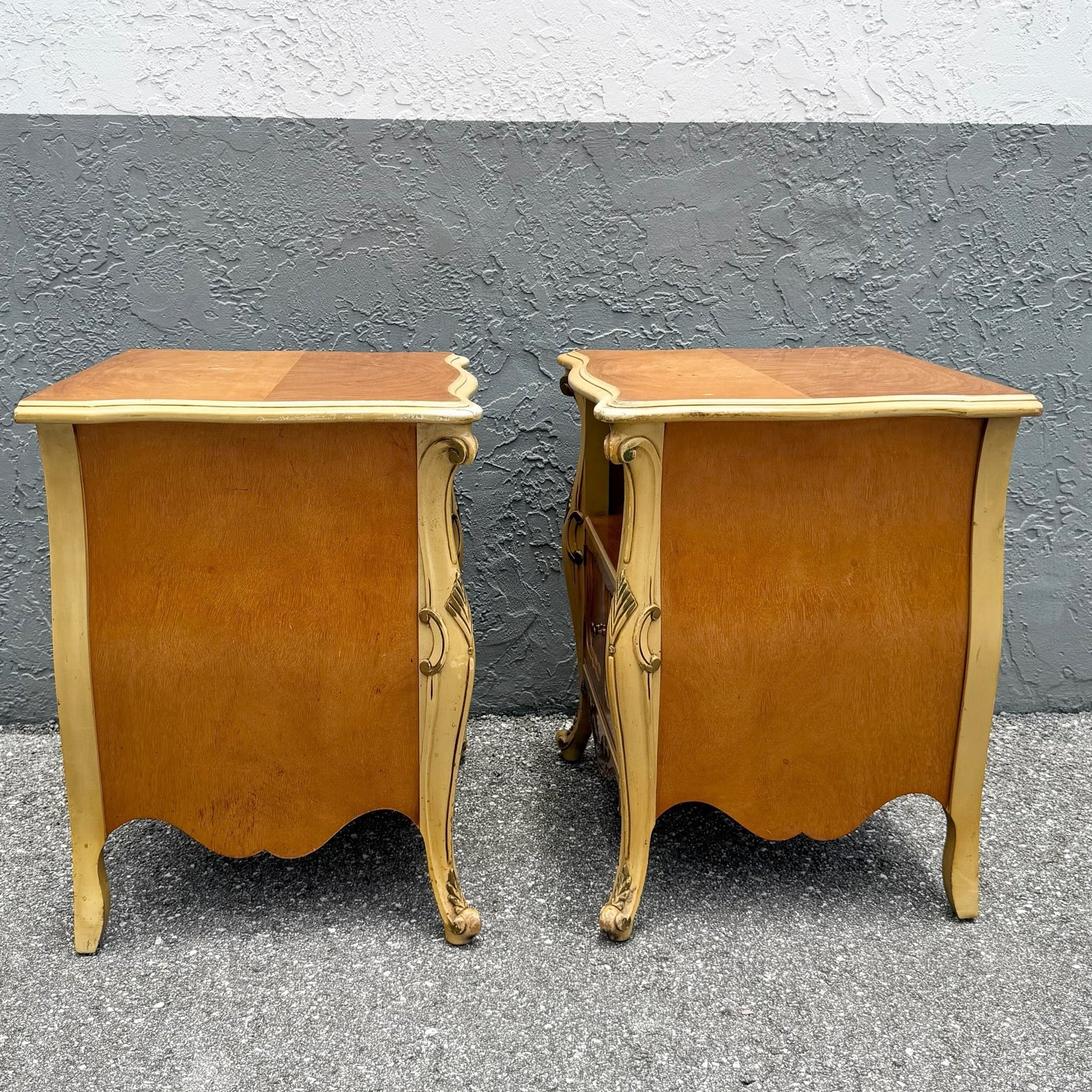 Vintage French Provincial Style Burl Wood Bombe Nightstands - A Pair Dolphin & Flamingo