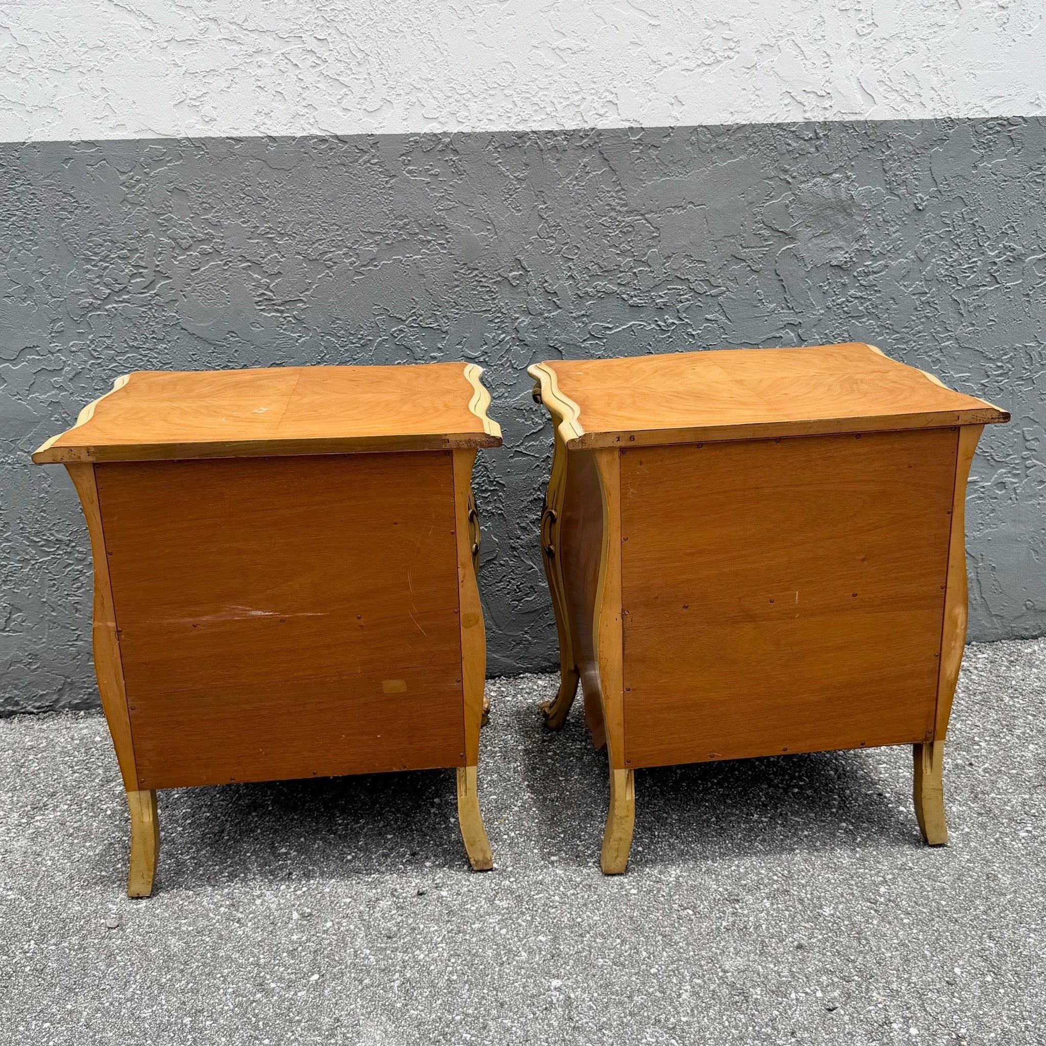 Vintage French Provincial Style Burl Wood Bombe Nightstands - A Pair Dolphin & Flamingo