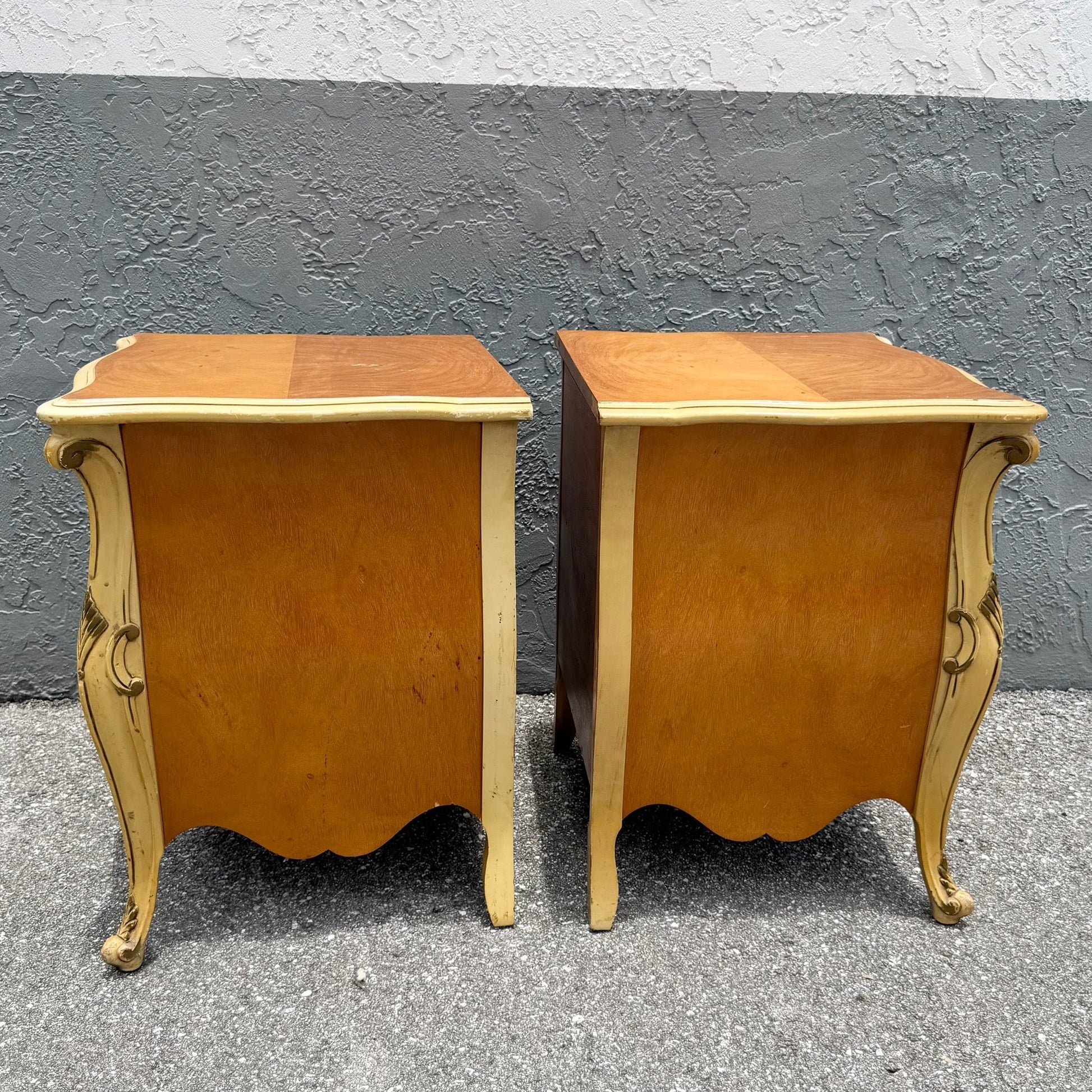 Vintage French Provincial Style Burl Wood Bombe Nightstands - A Pair Dolphin & Flamingo