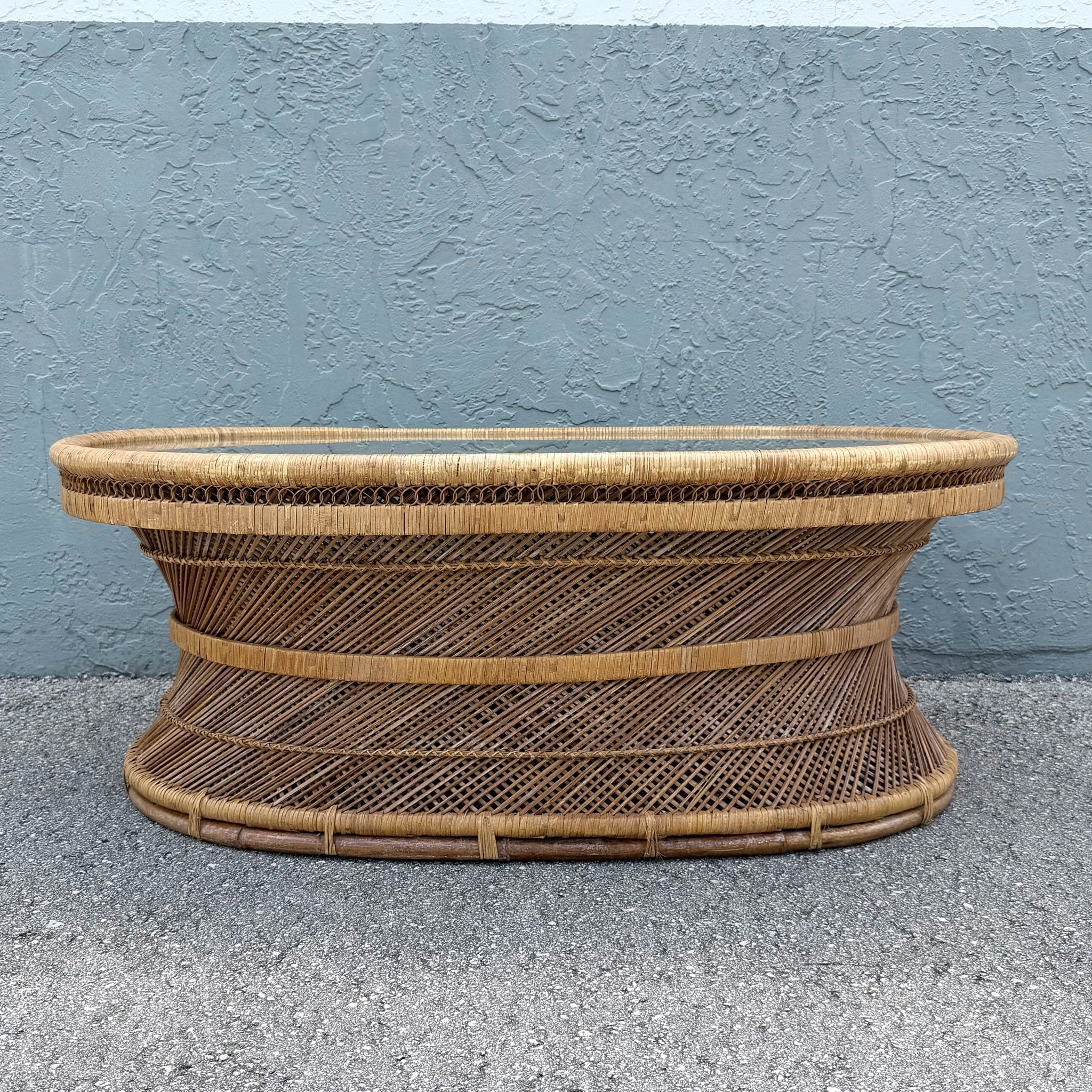 Boho Chic Buri Rattan Oval Inlaid Glass Top Coffee Table Dolphin & Flamingo