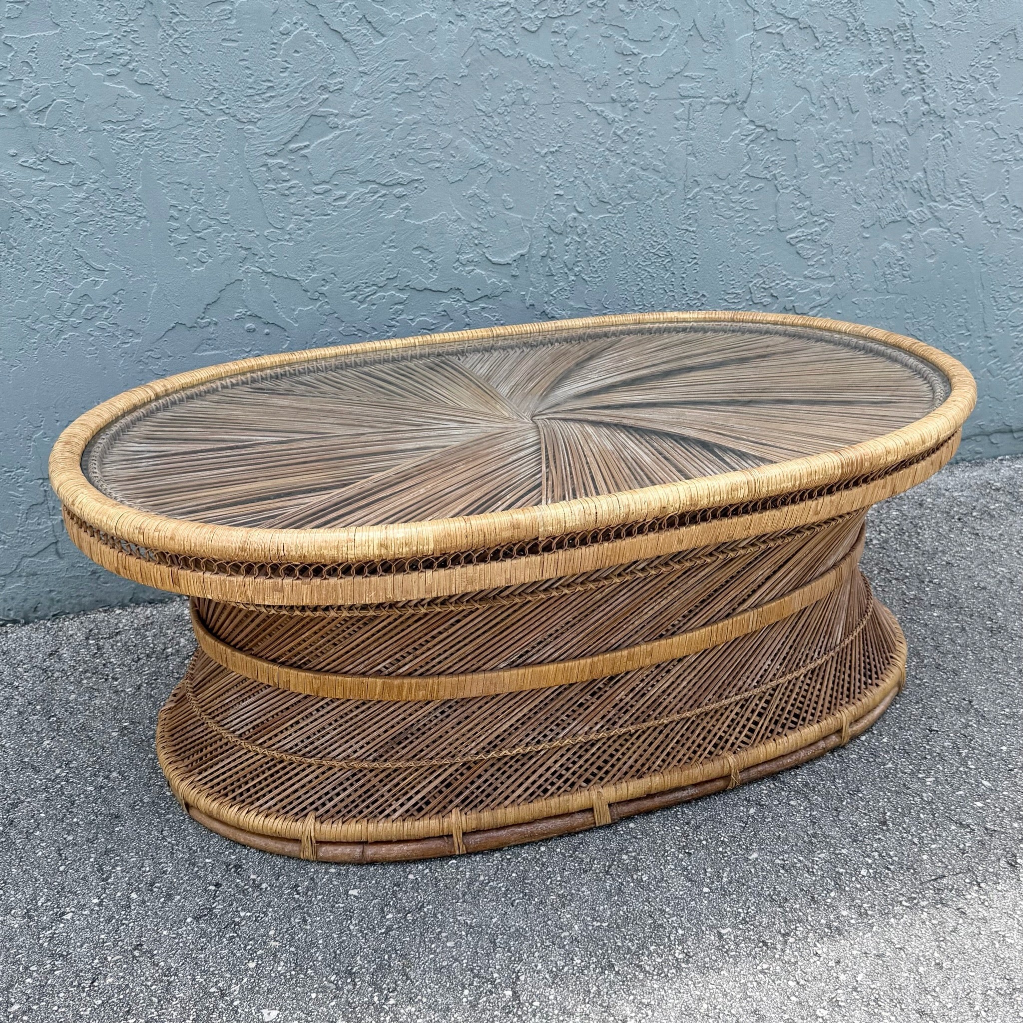 Boho Chic Buri Rattan Oval Inlaid Glass Top Coffee Table Dolphin & Flamingo