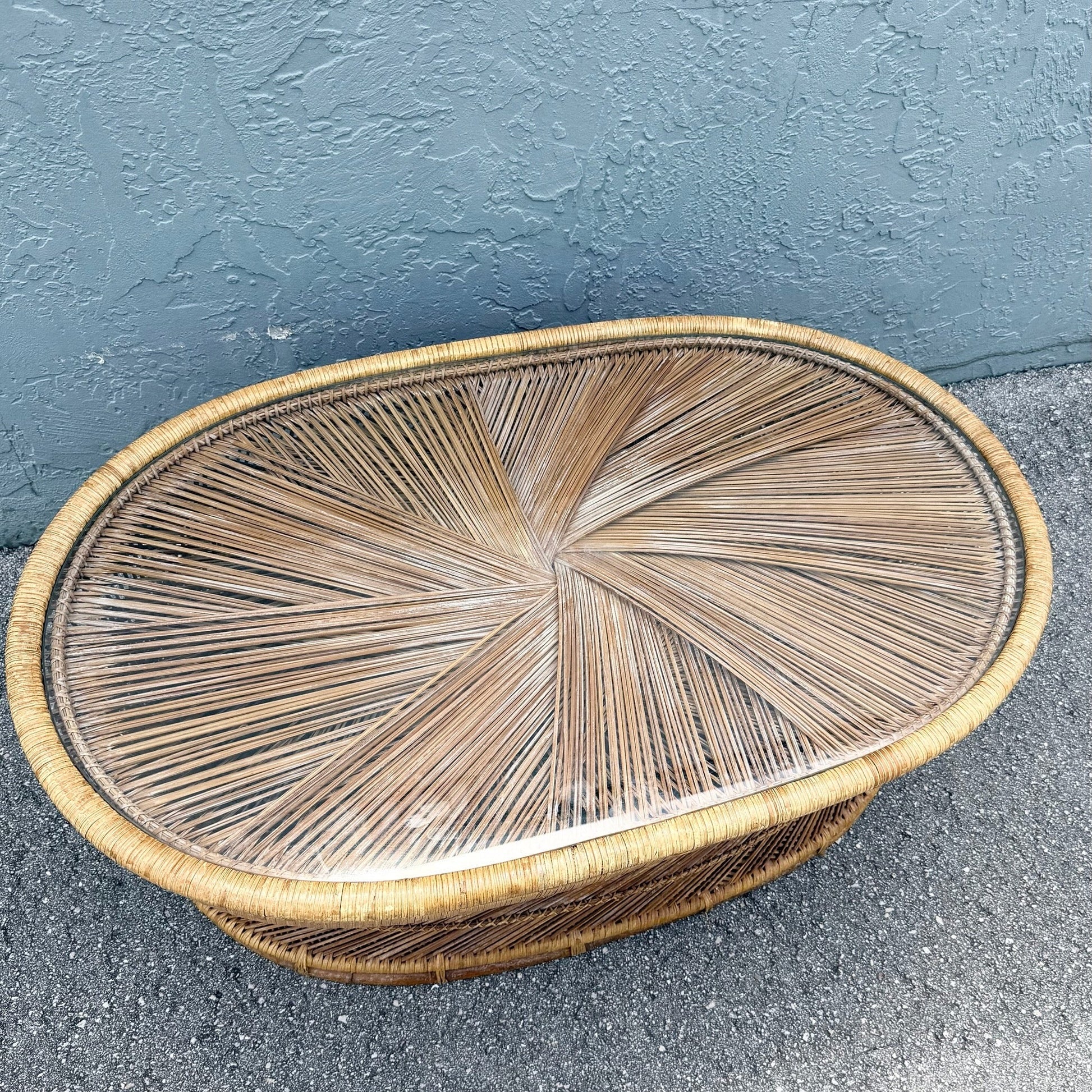 Boho Chic Buri Rattan Oval Inlaid Glass Top Coffee Table Dolphin & Flamingo