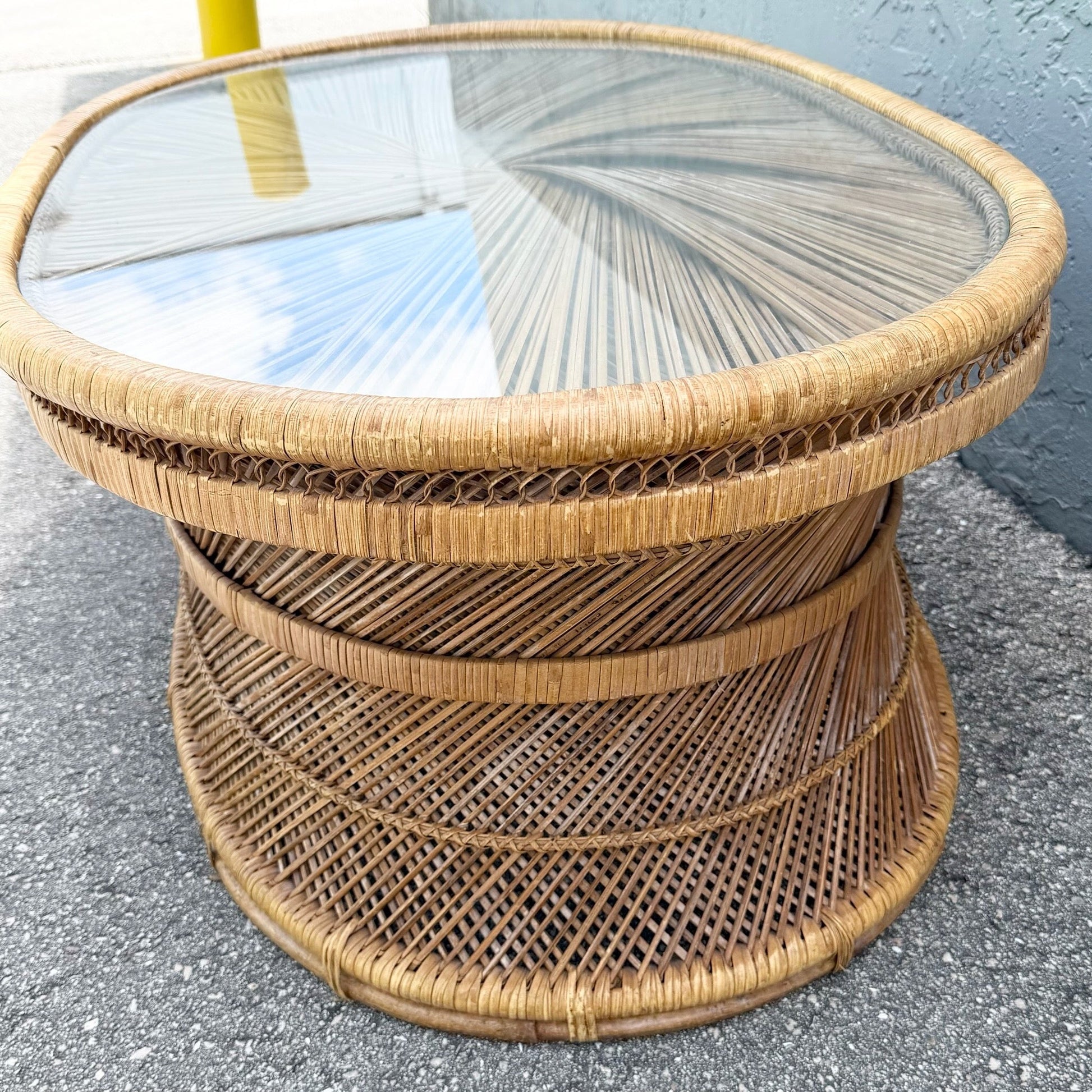 Boho Chic Buri Rattan Oval Inlaid Glass Top Coffee Table Dolphin & Flamingo